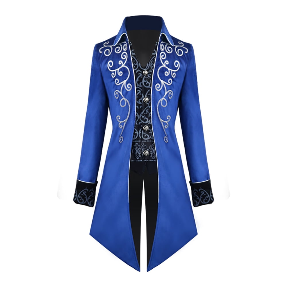 IBTOM CASTLE Men's Steampunk Vintage Tailcoat Jacket Gothic Medieval Victorian Frock Button Down Swallow Coat Uniform L Blue & Gold
