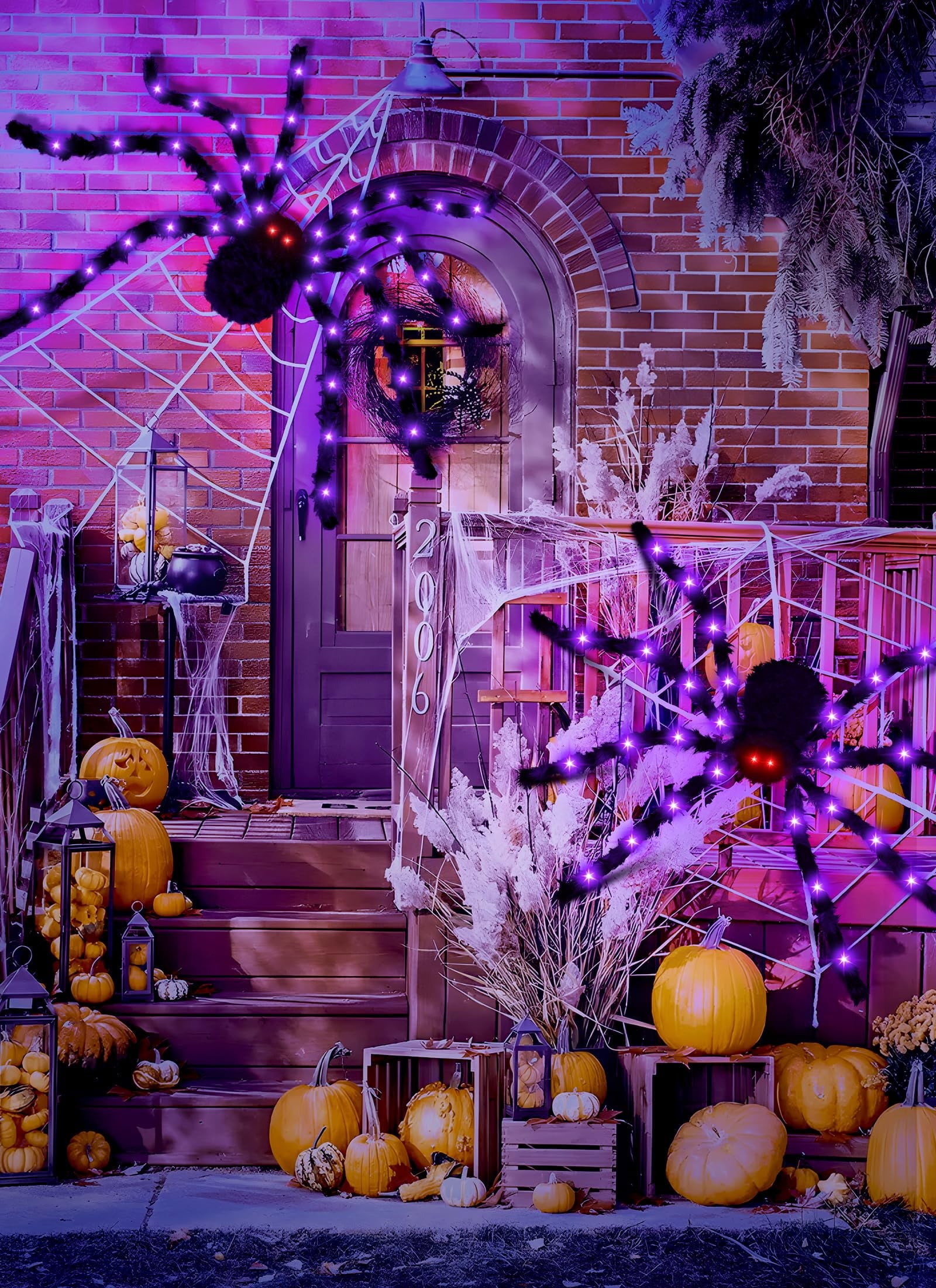 Halloween Decorations Outdoor Spider Webs: 1Pcs Giant Spiders - 200'' Triangular Web with Hook - Stretch Web and Ground Stakes for Large Halloween Decor and Haunted House Decoration