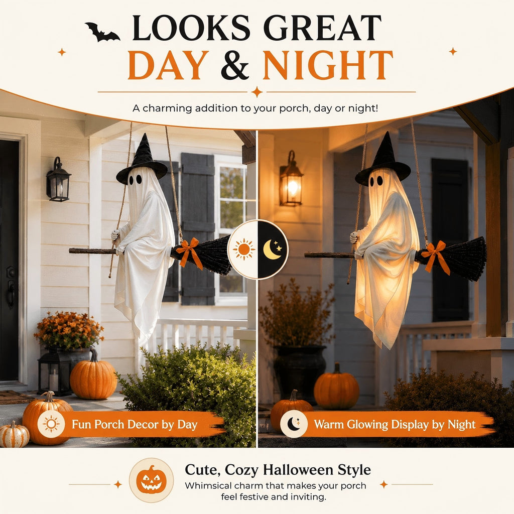 Clearance 5 FT Hanging Ghost Decor,Early Halloween Decorations Light-Up Flying Ghost on Broomstick with Witch Hat, Witch Broom, Spooky Cute Outdoor Halloween Decorations for Front Porch Yard Tree