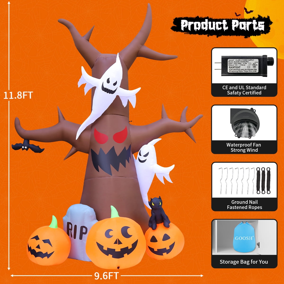 GOOSH Halloween Inflatable 11.8 FT Inflatable Halloween Tree, Halloween Inflatable Tree Scary Halloween Blow Up Tree with LED Lights, Outdoor Halloween Decorations Clearance for Halloween/Holiday