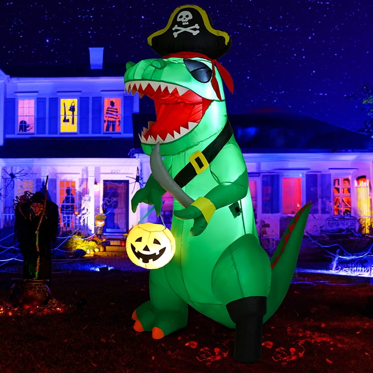 GOOSH 7FT Outdoor Halloween Decorations Halloween Dinosaur Inflatable, Halloween Inflatables Blow up Dinosaur, Green Pirate Dino Halloween Decorations Dinosaur Halloween Inflatable for Holiday/Party