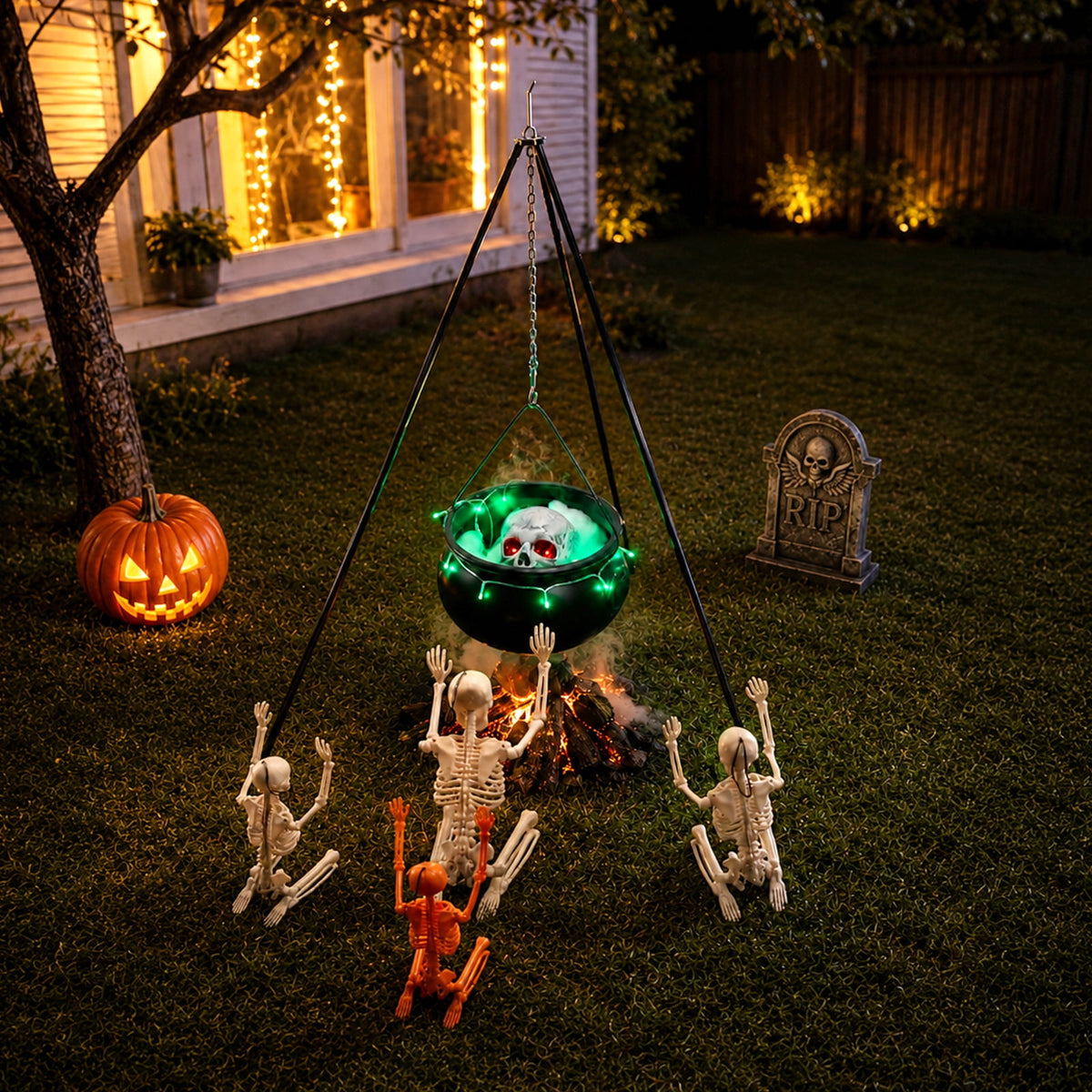 Halloween Decorations Bundle - 78cm/30.7" Witches Cauldron on 54" Tripod with Green LED Lights, 3pcs 40cm Skeleton, 60cm Skeleton, Skull Ornament, 4 Hooks - Indoor Outdoor Yard Porch Party Supplies