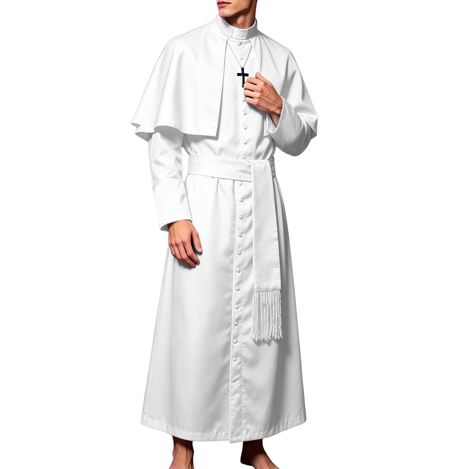 JOANKDMI Catholic Priest Costume for Men Clergy Cassock Robe with Capelet and Sash Halloween Party Outfit Religious Father Minister Fancy Dress for Men
