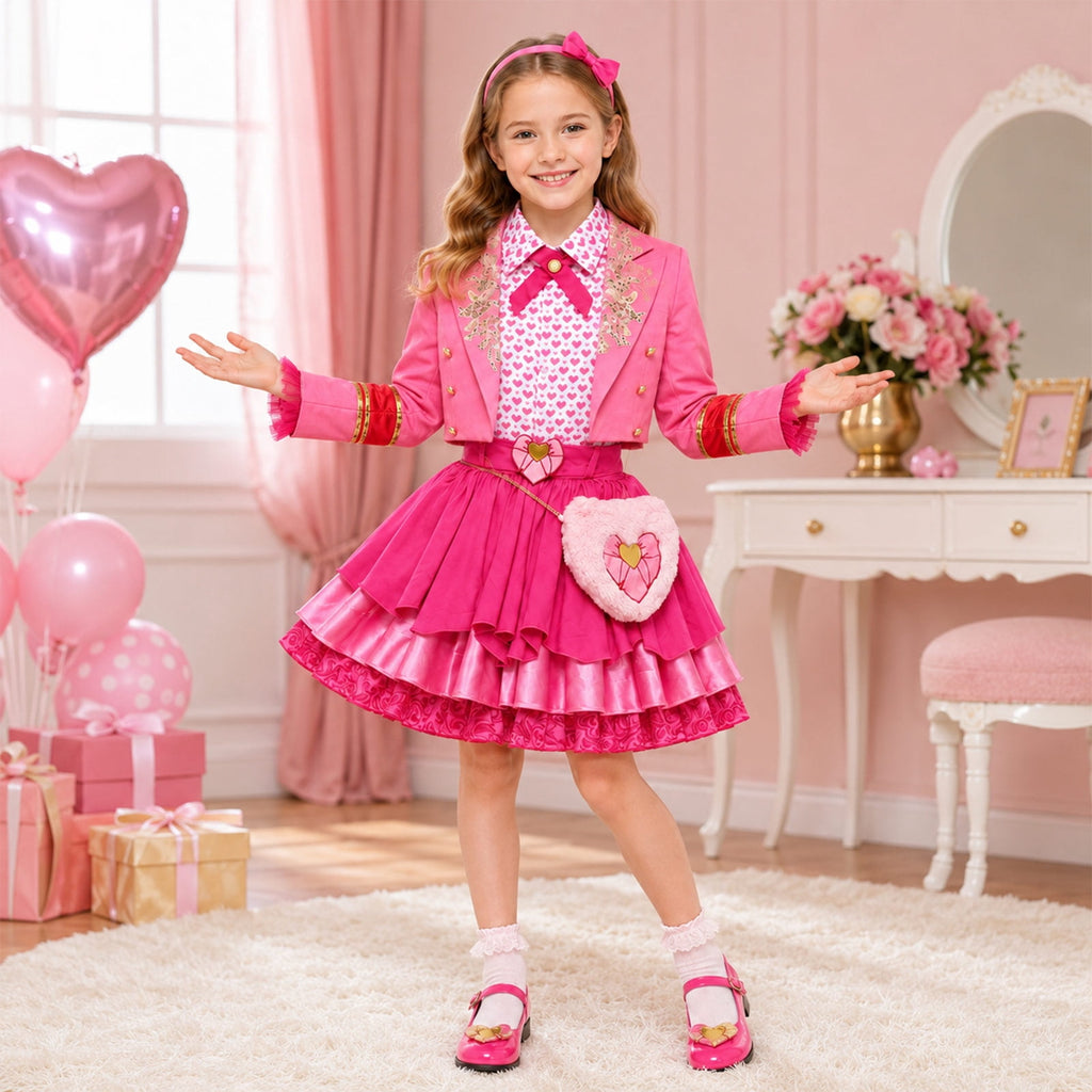 Satmonnus Women's Pink Princess Costume Set, Adult Halloween Cosplay Outfit with Heart Print Jacket, Layered Skirt & Fuzzy Bag, Fancy Dress Up for Themed Parties