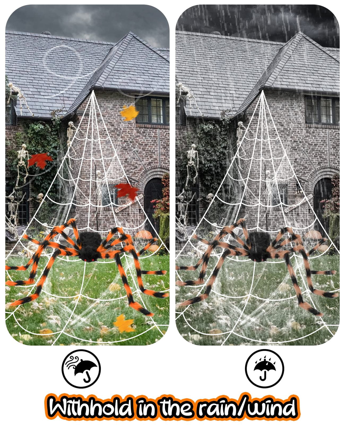 Halloween Decorations Outdoor Spider Webs: 1Pcs Giant Spiders - 200'' Triangular Web with Hook - Stretch Web and Ground Stakes for Large Halloween Decor and Haunted House Decoration