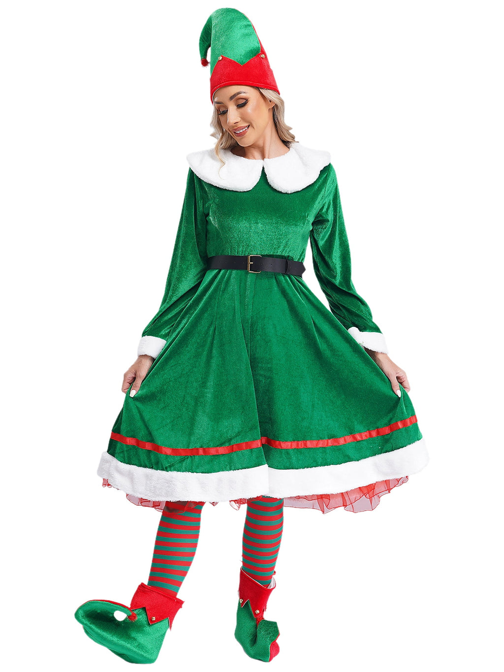 vastwit Womens Christmas Elf Dress Velvet Dress with Elf Hat Belt Striped Stockings Shoes Green L