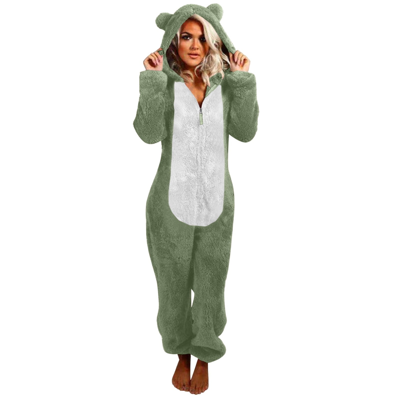 QATAINLAV Sherpa Fleece Jumpsuit for Women Winter Warm Fuzzy Onesie Pajamas Cute Cat Hooded Romper Casual Zip Up Overalls Sleepwear Black XL