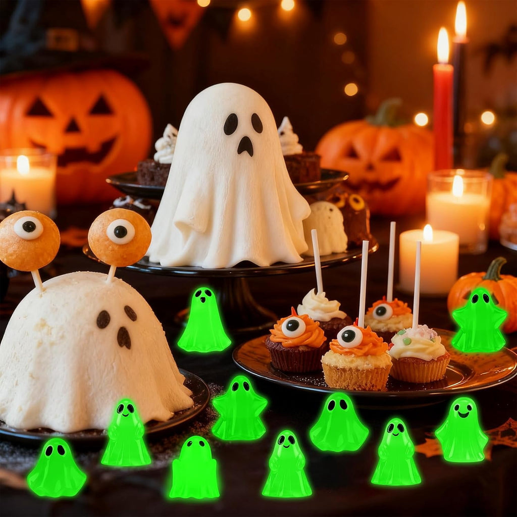 Miguan 80Pcs Mini Luminous Ghost Figurines 6 Style Glow in The Dark Tiny Small Ghost Miniatures for Halloween Spooky Tiered Tray Table Centerpiece Decor Vase Filler Party Favors