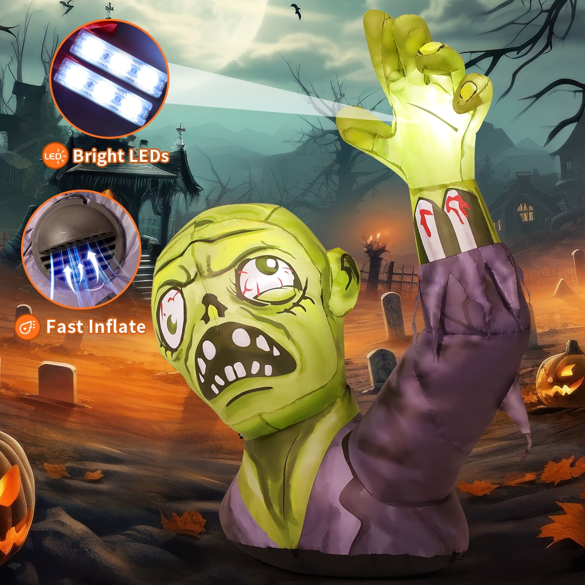 GOOSH Halloween Inflatable 5 FT Zombie Inflatable Shaking Hands, Zombie Inflatable Halloween Decorations Scary Halloween Blow Ups with LED Lights, Halloween Inflatables Clearance for Holiday/Party