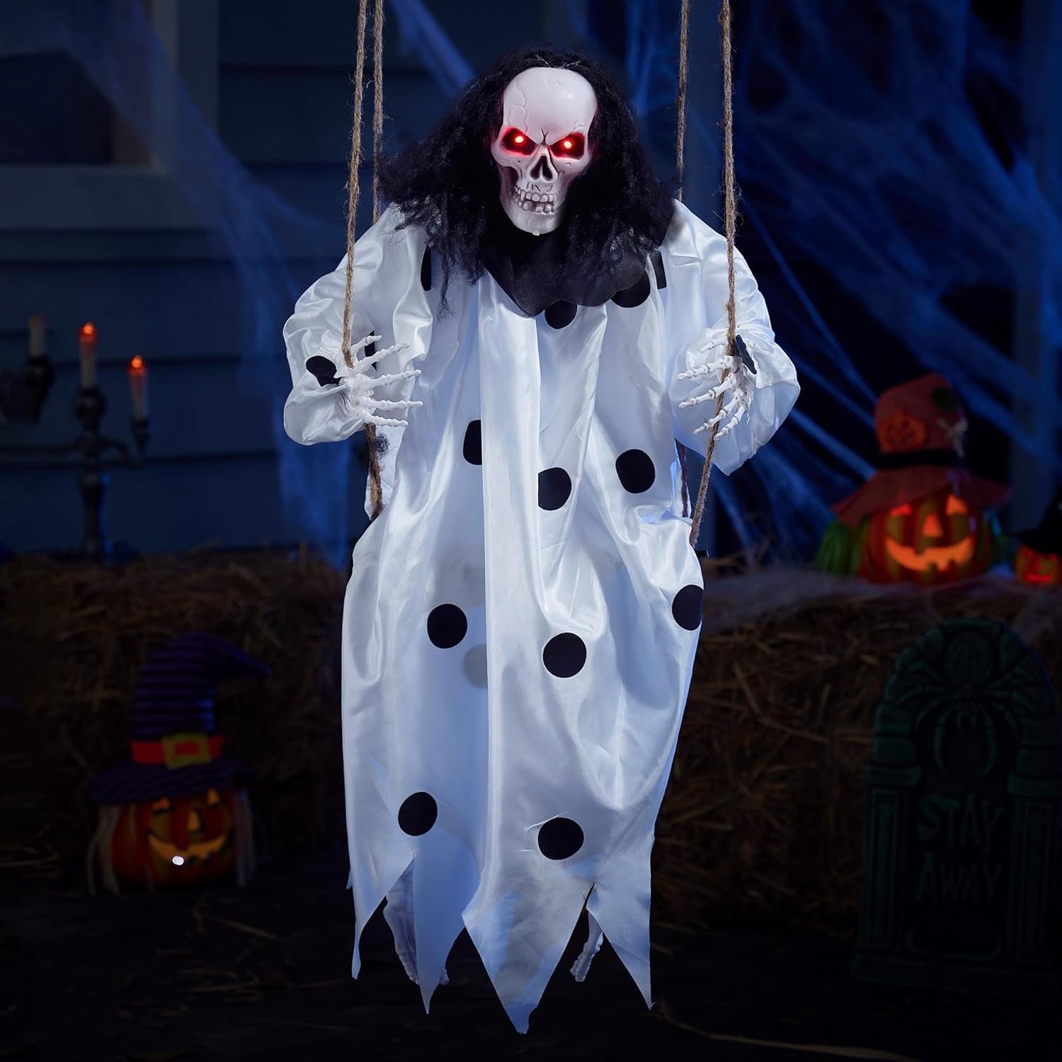 Joyfy 3 FT Halloween Hanging Swinging Skeleton,Light Up Creepy Grim Reaper with Black Hood Decorations for Halloween Hanging Decorations Indoor Outdoor Yard Home Decorations