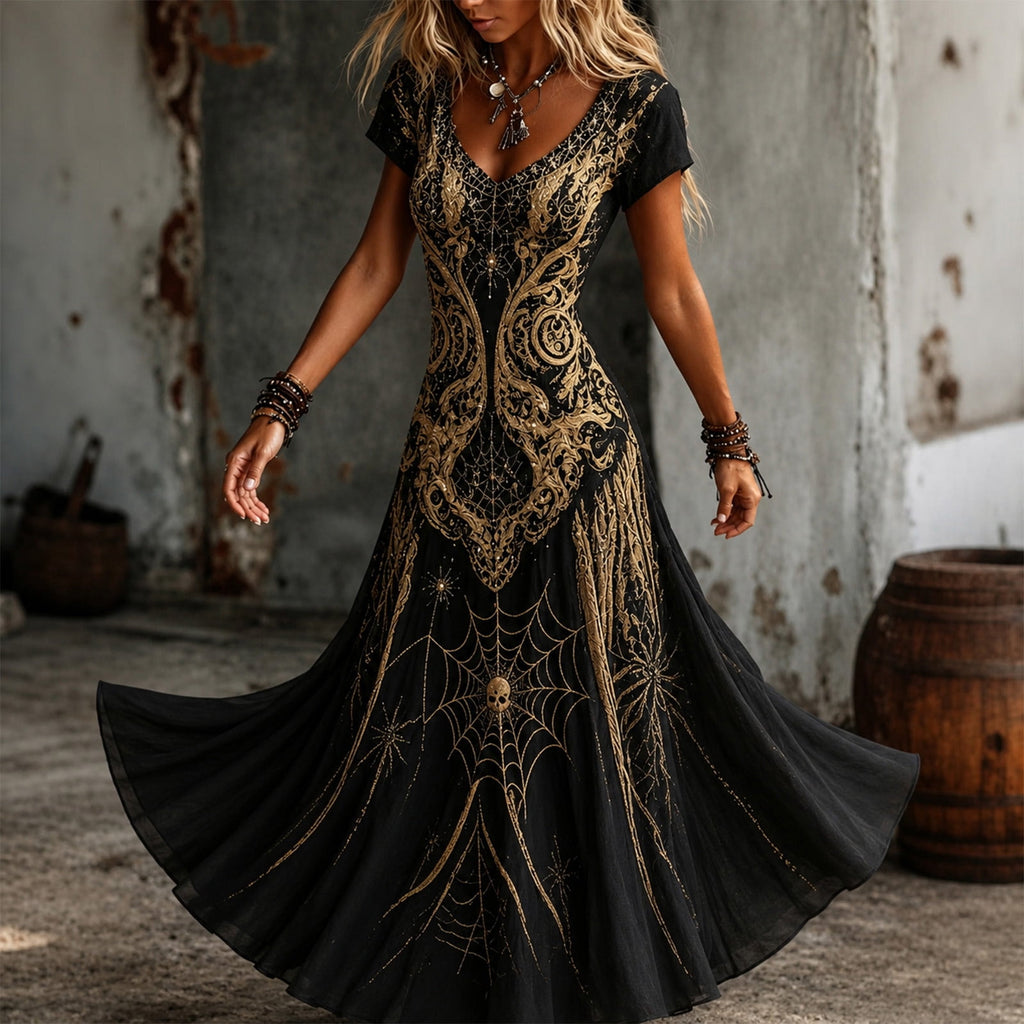 KICILVS Gothic Clothes For Women Black Spiderweb And Spider Print Flowing V Neck Long Maxi Dress Halloween Cosplay Gothic Party Dress