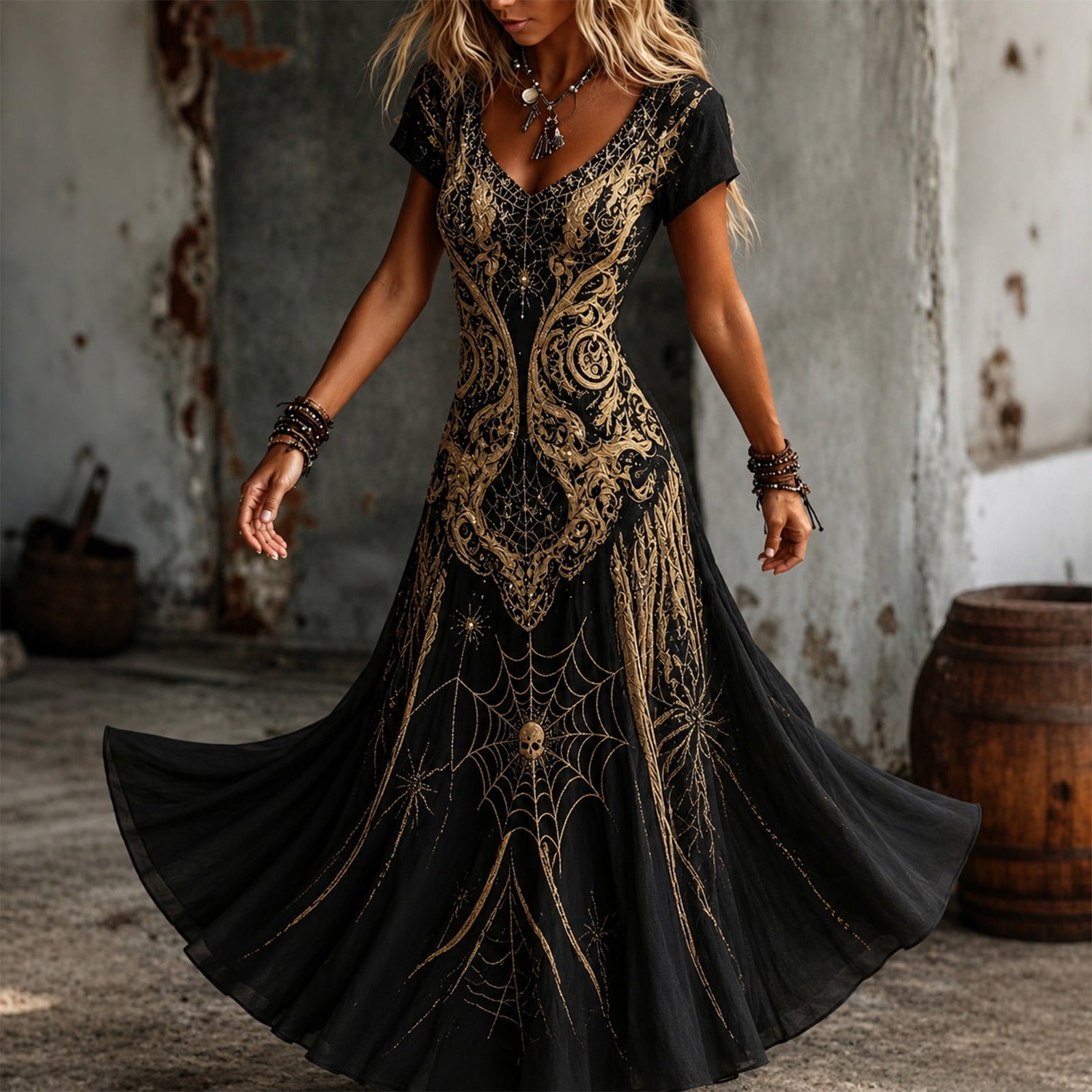 KICILVS Gothic Clothes For Women Black Spiderweb And Spider Print Flowing V Neck Long Maxi Dress Halloween Cosplay Gothic Party Dress