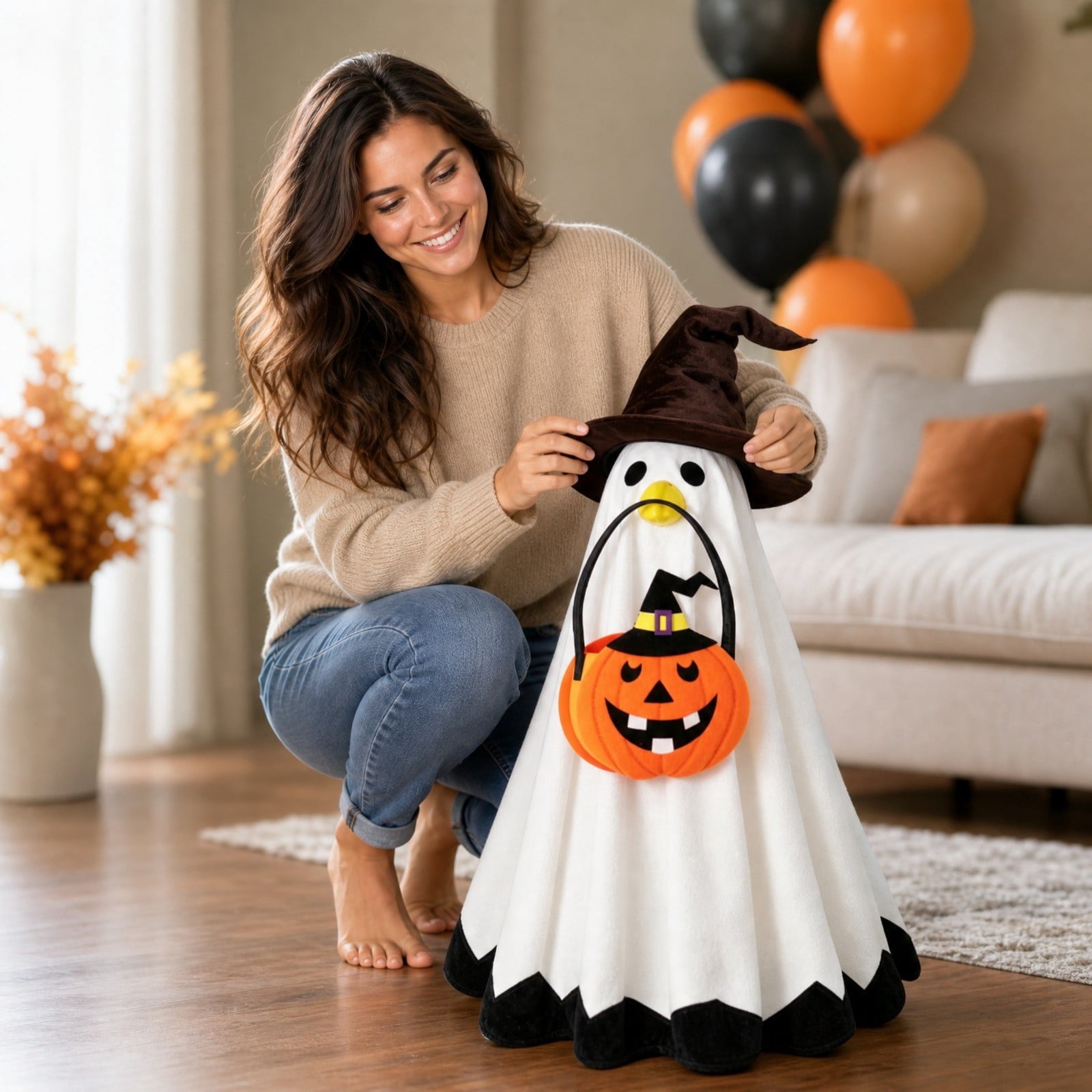 Thanksgiving Harvest Outfit for 23" Porch Goose, Goose Fall Theme Dress in White&Orange with Headwear Fall Harvest Decor for 23" Goose Outdoor Patio Yard Lawn Decoration