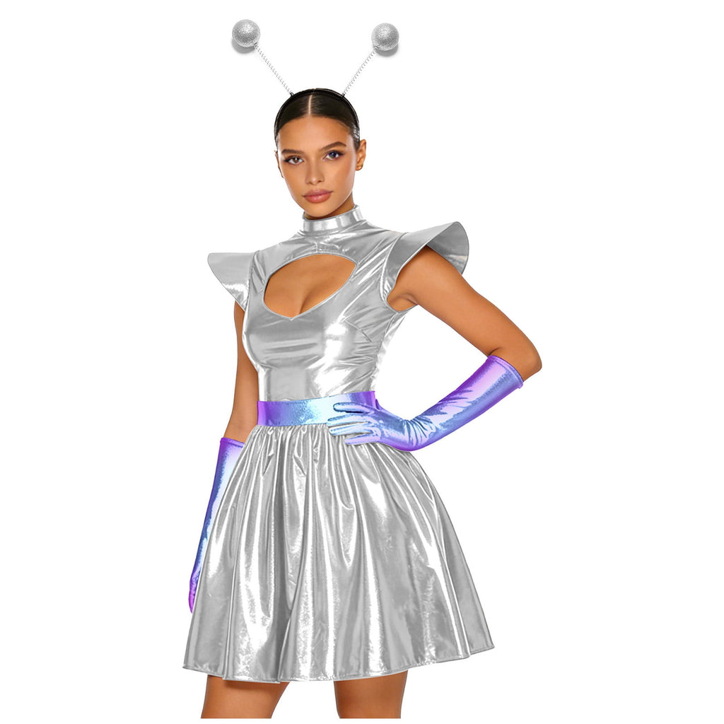 Aislor Womens Outer Space Alien Dress with Gloves Headband Halloween Space Cadet Rave Outfit Blue 3XL