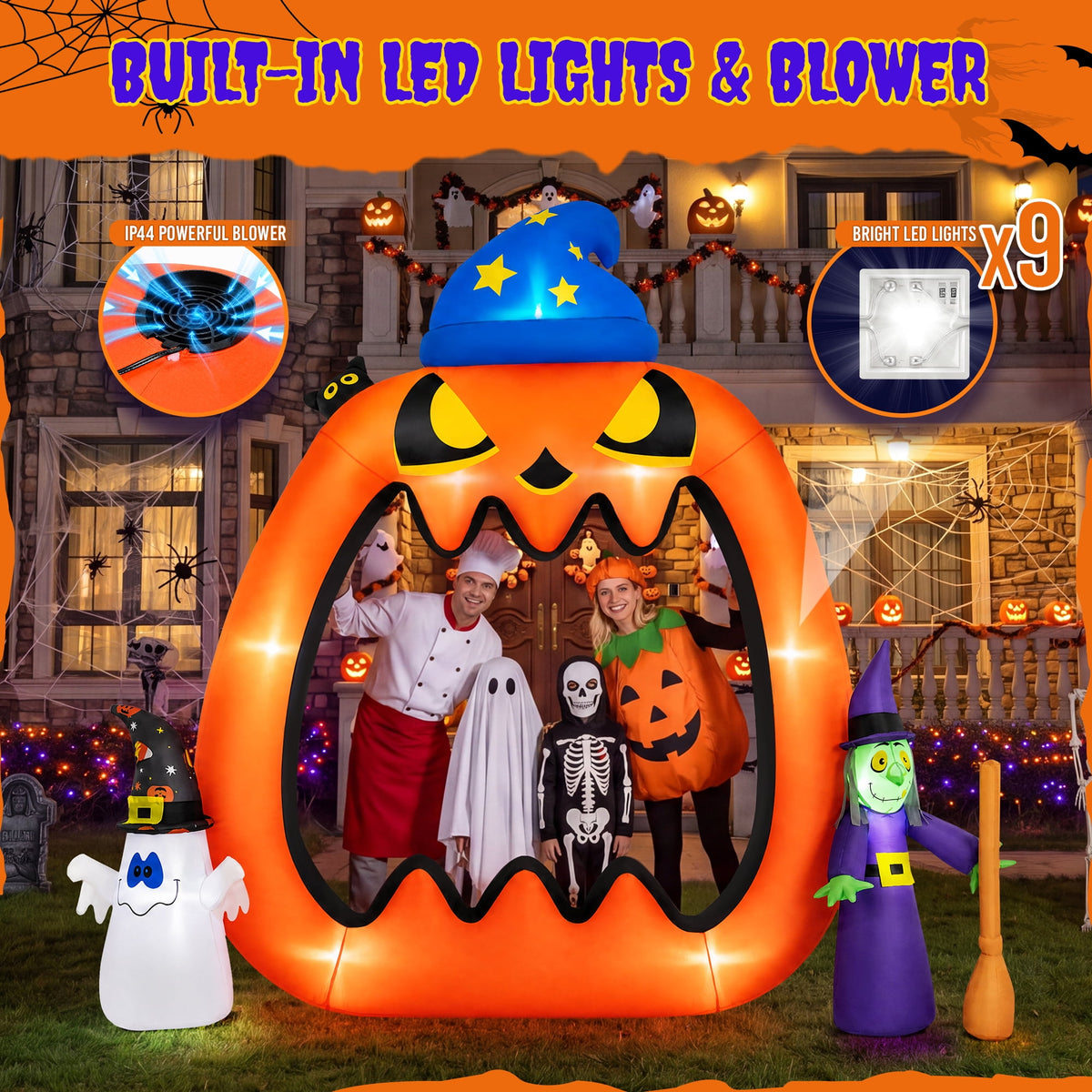 Firstness 8.2ft Halloween Inflatable Pumpkins Photo Door with Ghost Witch Yard Party Outdoor Decorations with LED Lights