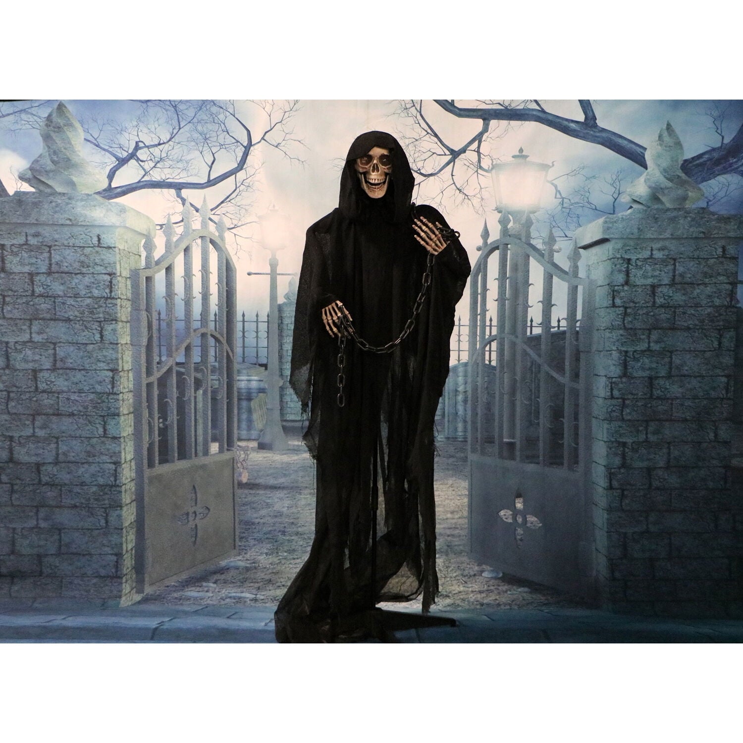 Haunted Hill Farm 5 ft Life-Size Animated Grim Reaper Prop w/ Chain and Rotating Head for Indoor or Outdoor Halloween Decoration, Battery-Operated