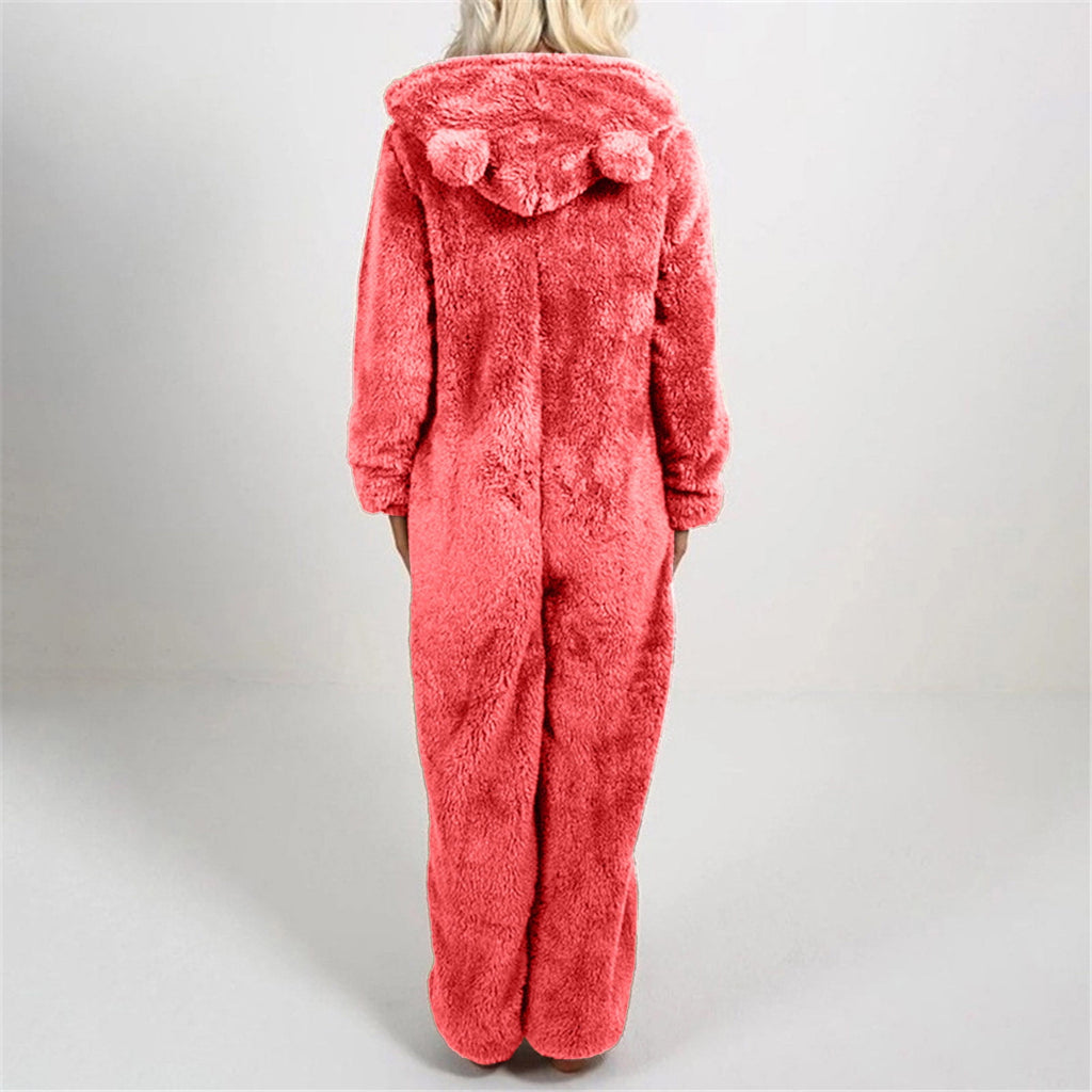 QATAINLAV Sherpa Fleece Jumpsuit for Women Winter Warm Fuzzy Onesie Pajamas Cute Cat Hooded Romper Casual Zip Up Overalls Sleepwear Black XL