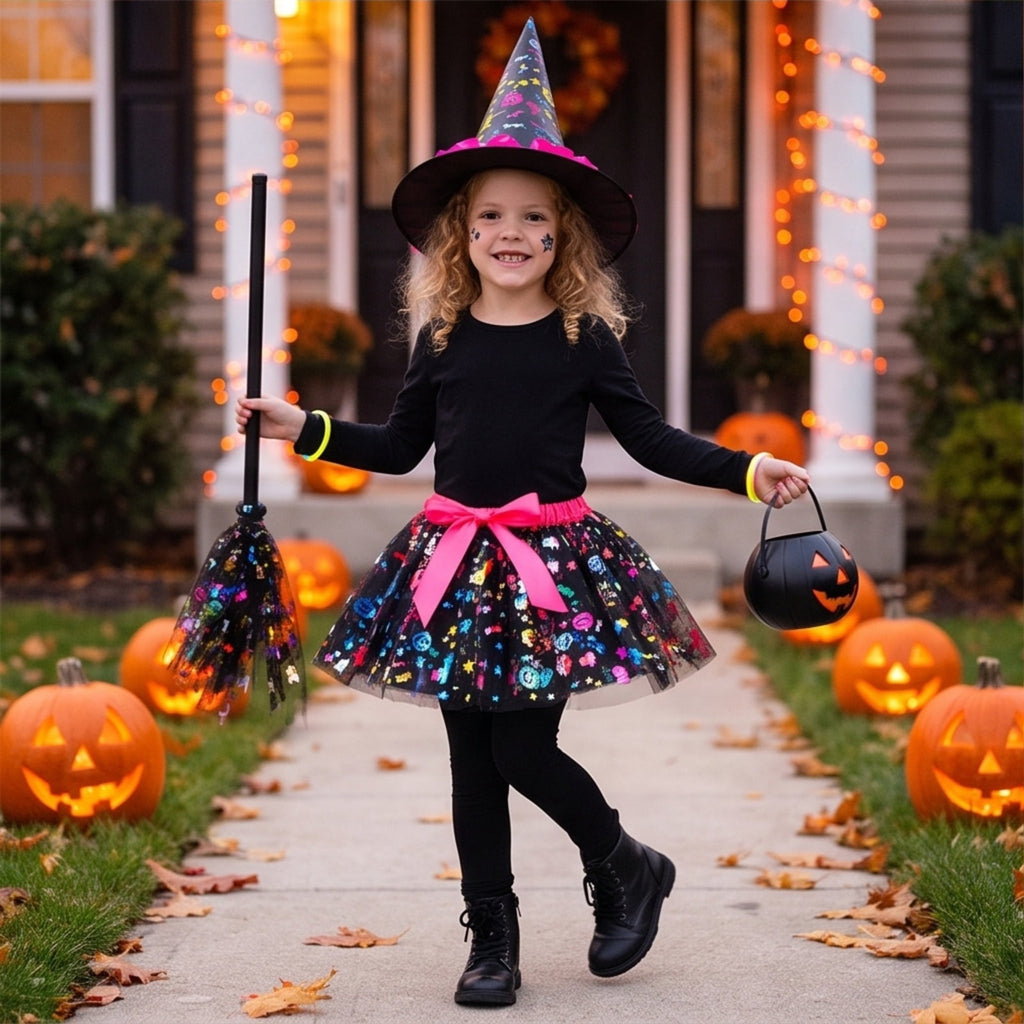 choiix Witch Tutu Skirt and Hat Set with Broomstick Halloween Costume Outfit with Printed Tulle Skirt and Witch Hat Cosplay Outfit for Party 100