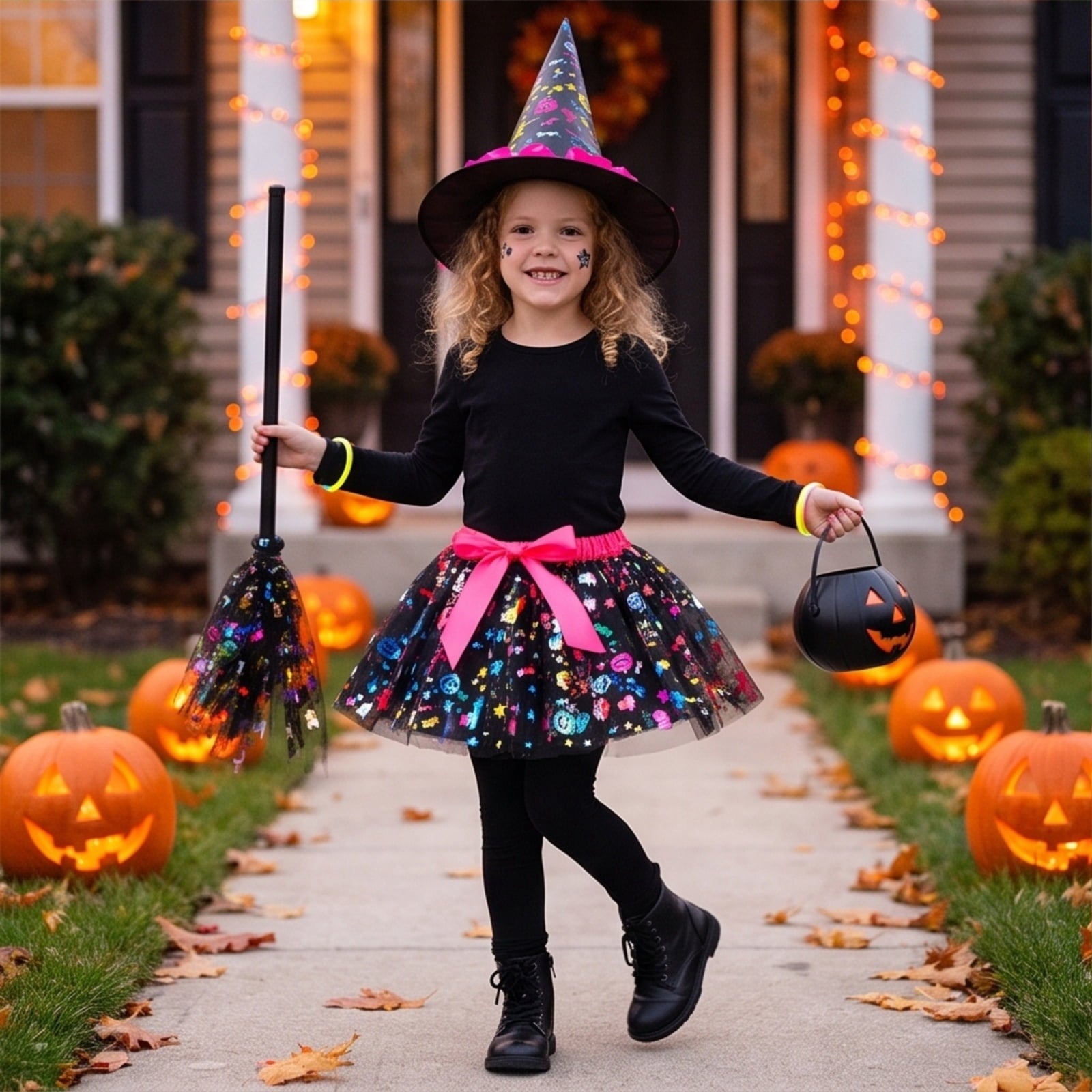 choiix Witch Tutu Skirt and Hat Set with Broomstick Halloween Costume Outfit with Printed Tulle Skirt and Witch Hat Cosplay Outfit for Party 100