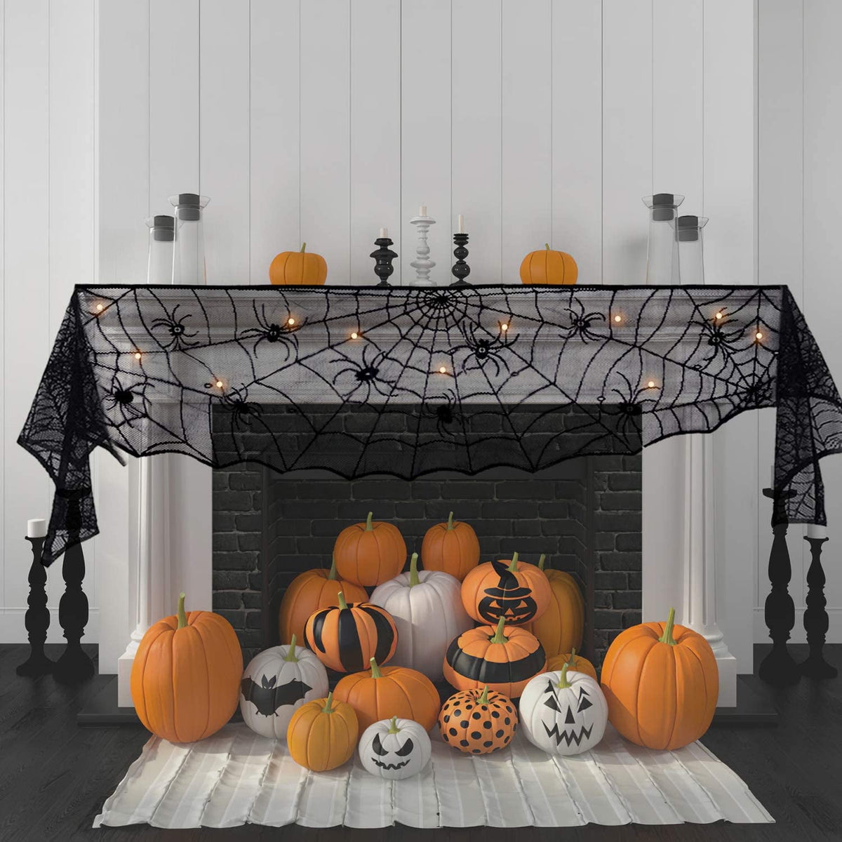 Fun Little Toys 8.4" Feet Halloween Lace Mantle Runner with String Lights,Halloween Decoration,Halloween Party Supplies,Halloween String Lights for Halloween Home Party Décor