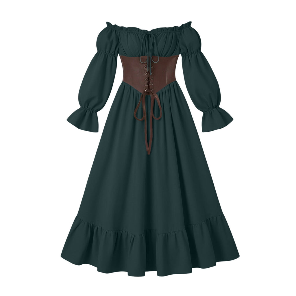 QATAINLAV Renaissance Costume Women Vintage Medieval Dress Cold Shoulder Short Sleeve Peasant Pirate Irish Maxi Dresses, Black, L
