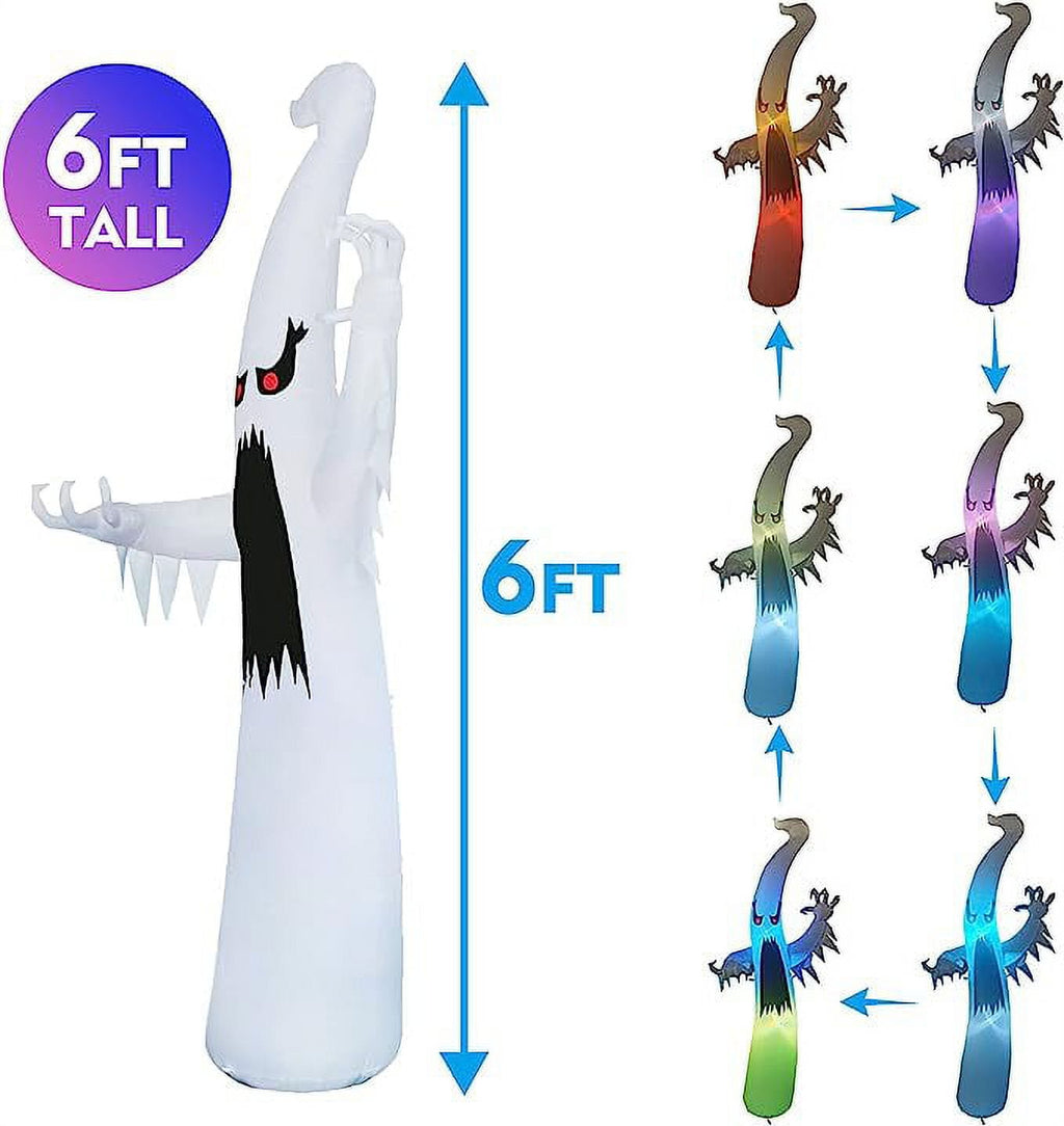 GOOSH 6 FT Height Halloween Inflatable Outdoor Colorful Dimming Ghost, Blow Up Yard Decoration Clearance with LED Lights Built-in for Holiday/Party/Yard/Garden