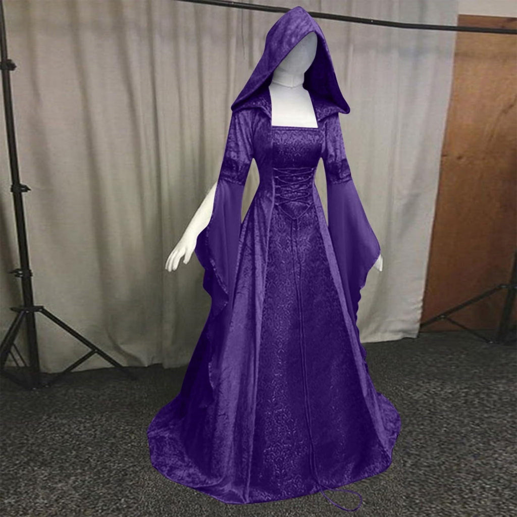 Medieval Renaissance Hooded Dress for Women, Silver Gothic Witch Costume with Lace-Up Corset, Vintage Velvet Long Sleeve Gown for Halloween Cosplay Renaissance Wedding Themed Party-Dark Blue/L