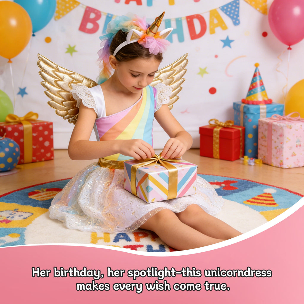 CZKHPTY Girls Rainbow Unicorn Tutu Costume Set with Headband & Wings, Kids Princess Dress Up Outfit, Sizes 9-10Y