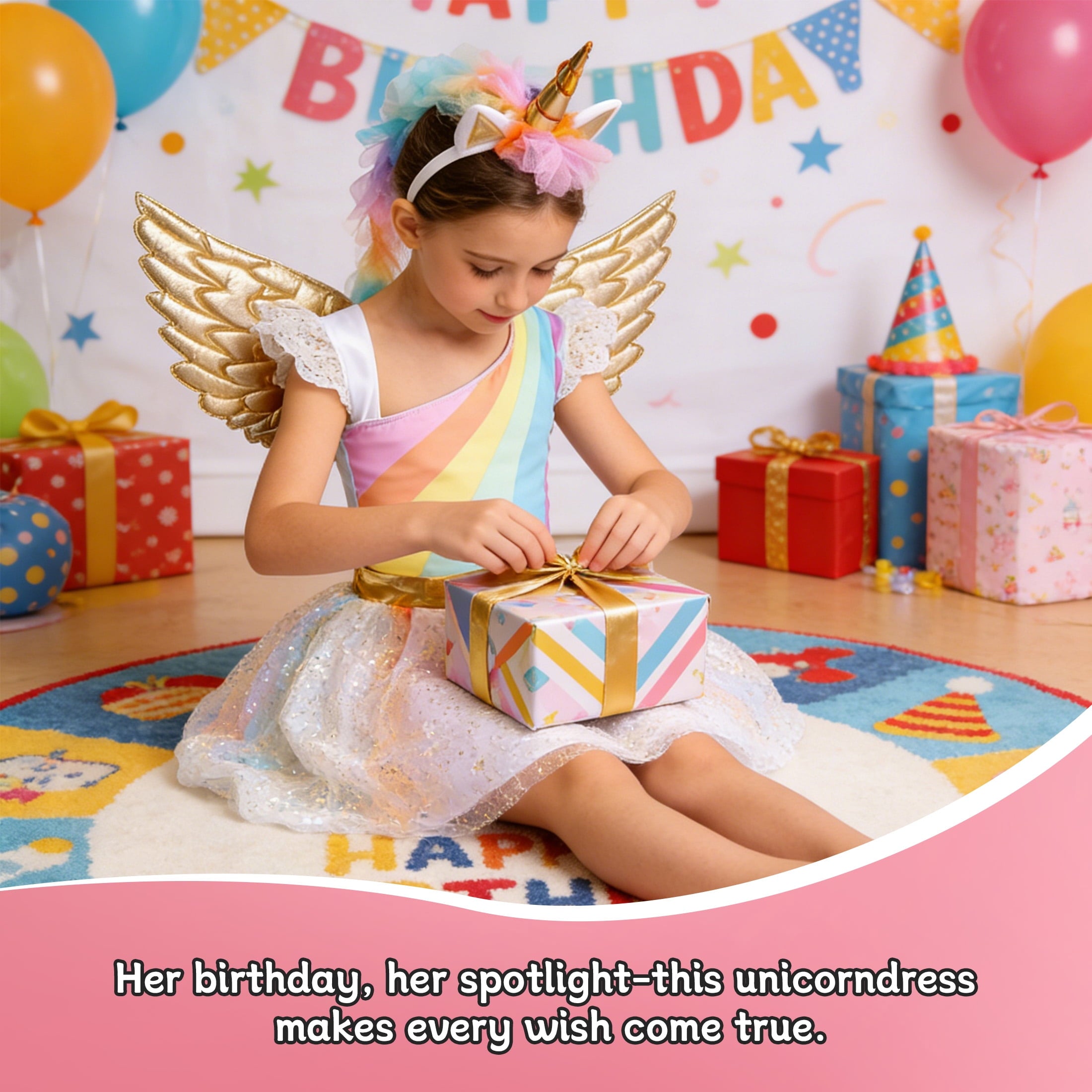 CZKHPTY Girls Rainbow Unicorn Tutu Costume Set with Headband & Wings, Kids Princess Dress Up Outfit, Sizes 9-10Y