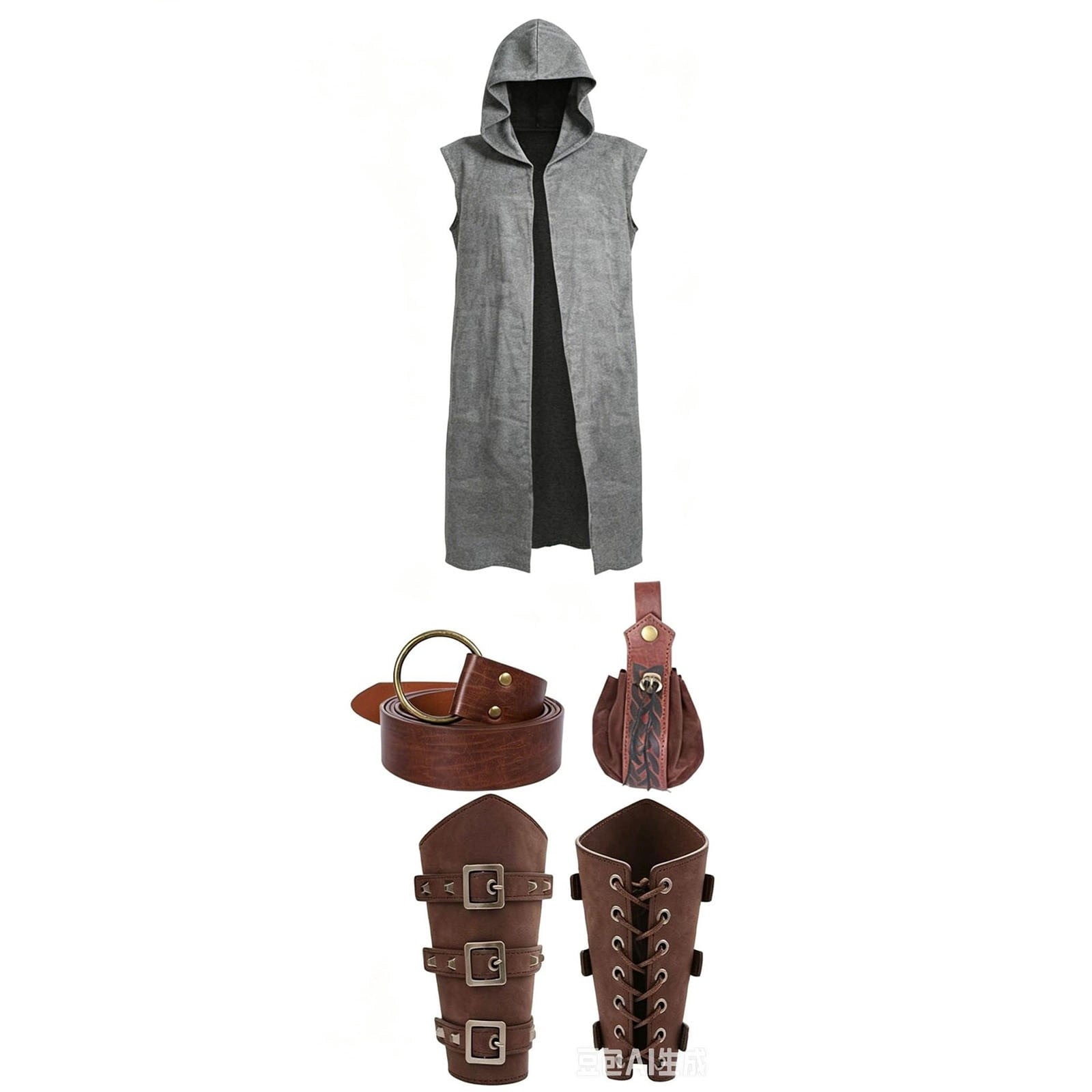 Men's Medieval Vintage Viking 5-Piece Cosplay Costume Set Sleeveless Hooded Cape Belt and Bracers for Halloween