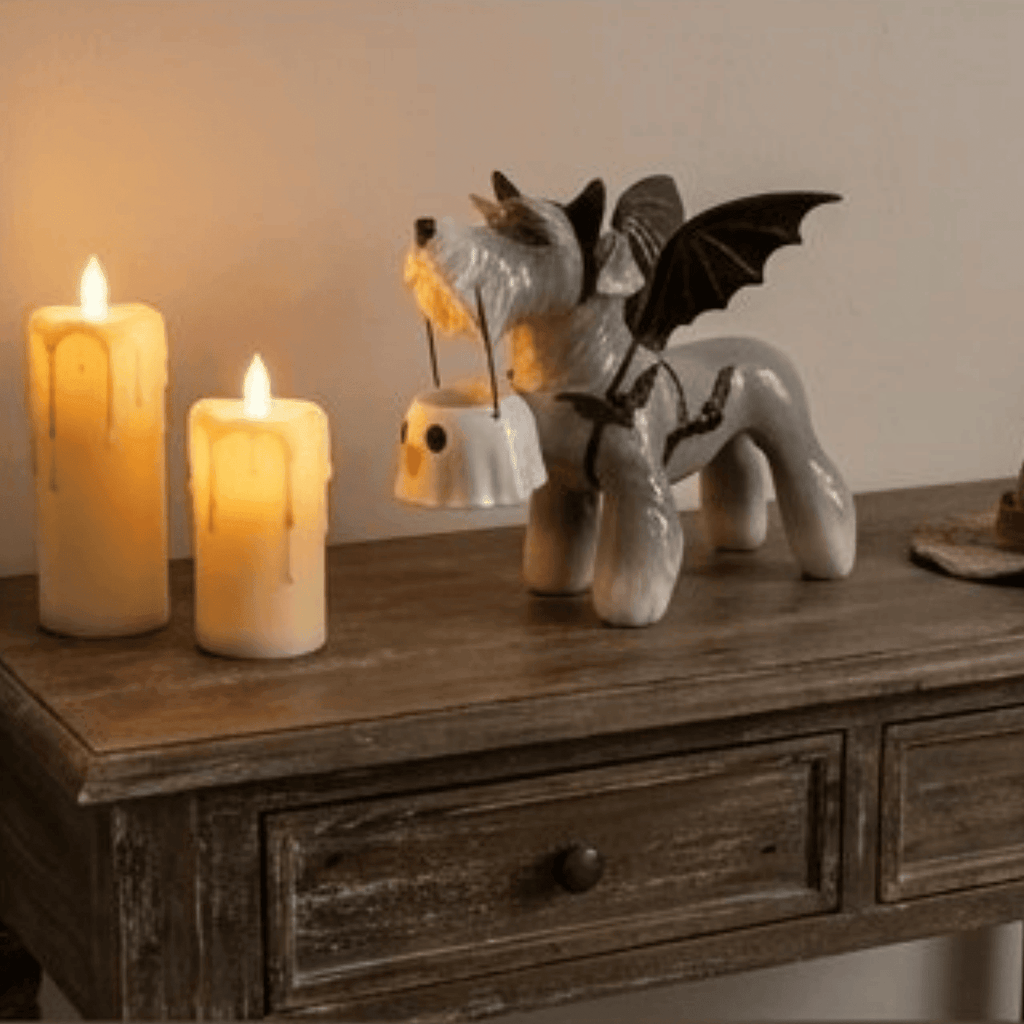 Halloween Dog Greeter - Frenchie 7.9in Resin Witch Dog with Light-Up Pumpkin, Spooky Fall Decor, Indoor Outdoor Tabletop Decoration