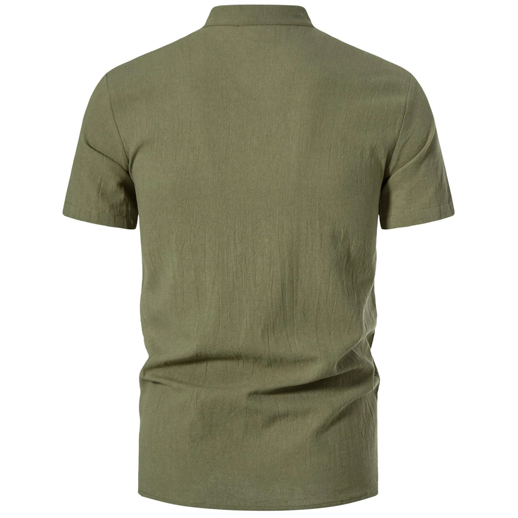 HAOMEILI Men's Cotton Linen Lace-Up V-Neck Short Sleeve Shirt