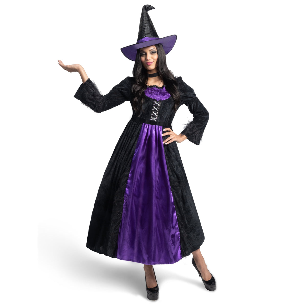 Joyfy Witch Costume for Women, Starry Witch Dress with Belt Hat for Adult Halloween Party Cosplay Dress up