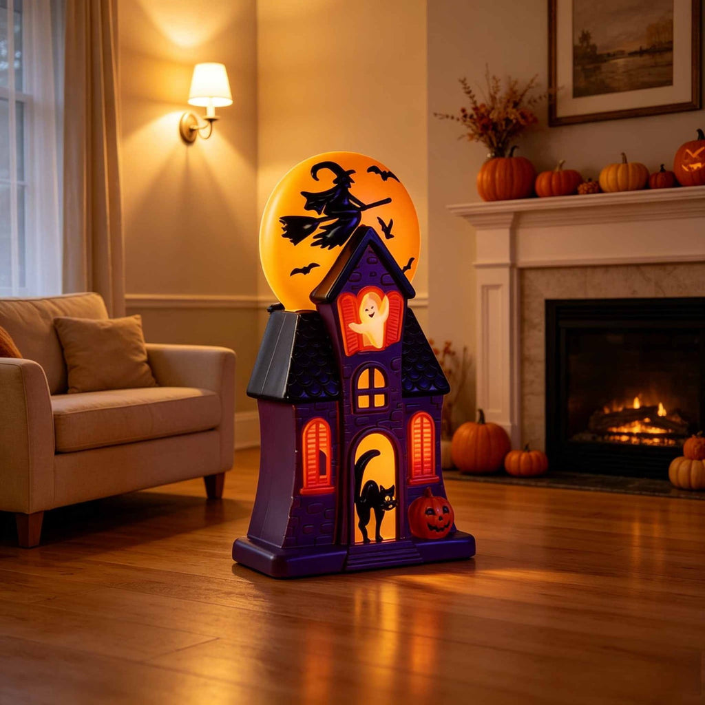 Halloween Haunted House Blow Mold Light, Resin Pre-Lit Spooky Mansion with Glowing Witch Moon, Ghost & Black Cat, Vintage Spooky House Lamp for Indoor Tabletop Outdoor Garden Decor