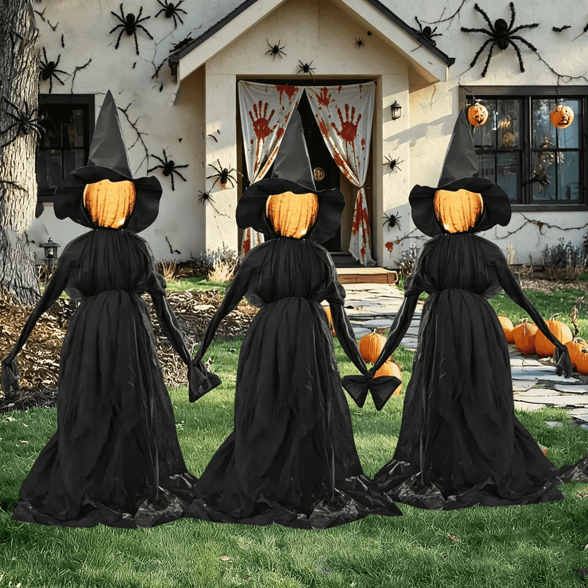 3PCS Halloween Holding Hands Screaming Witches Sound Decorations,Large Light Up Holding Hands Screaming Witches Decor for Home Outside Yard Lawn Garden Party Decoraciones