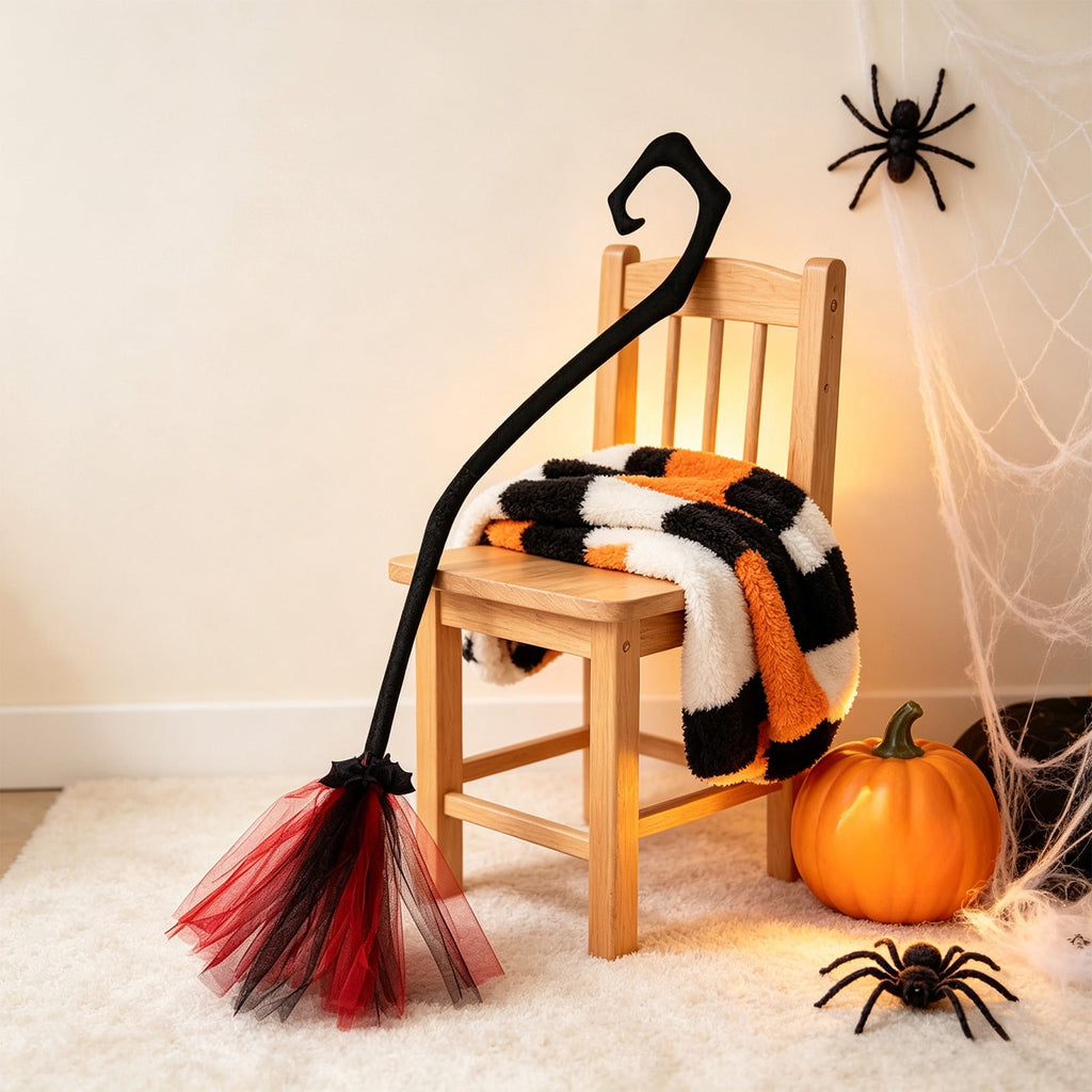 Halloween Witch Broom Cane with Ribbons, 38.2" Witches Broomstick for Wizard Costume Party, Photo Booth Accessory Stage Prop, Halloween Decoration, D