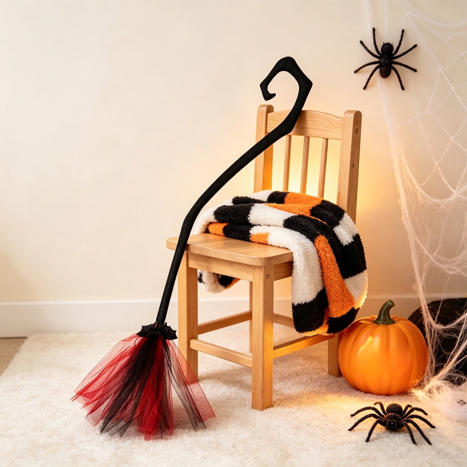 Halloween Witch Broom Cane with Ribbons, 38.2" Witches Broomstick for Wizard Costume Party, Photo Booth Accessory Stage Prop, Halloween Decoration, D