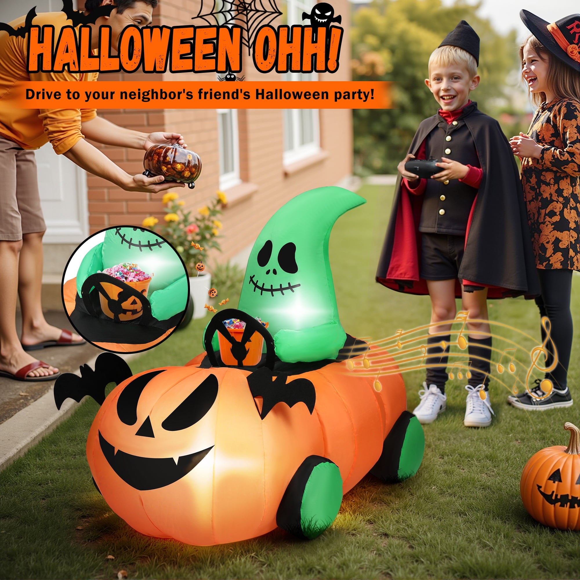 Firstness 2.6ft Remote Control Halloween Inflatable with Music Lights,Pumpkin Spider Car Blow ups Rc Car,Indoor Outdoor Decorations