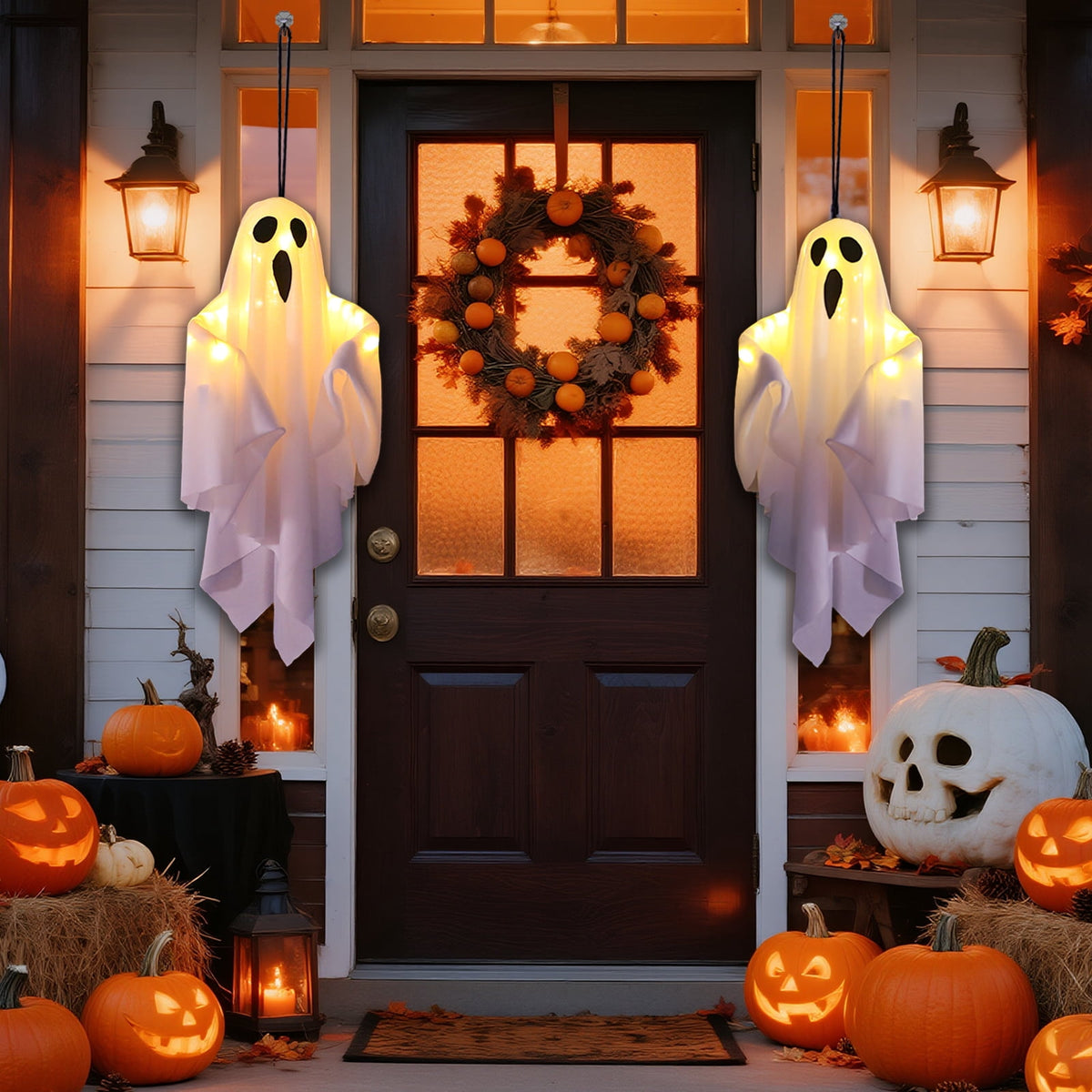 AGCAN Halloween Hanging Ghost Decorations, 2 Pack 19.69" Screaming Ghosts with 3 Lighting Modes for Outdoor Yard Tree Porch Garden Party Holiday Decor