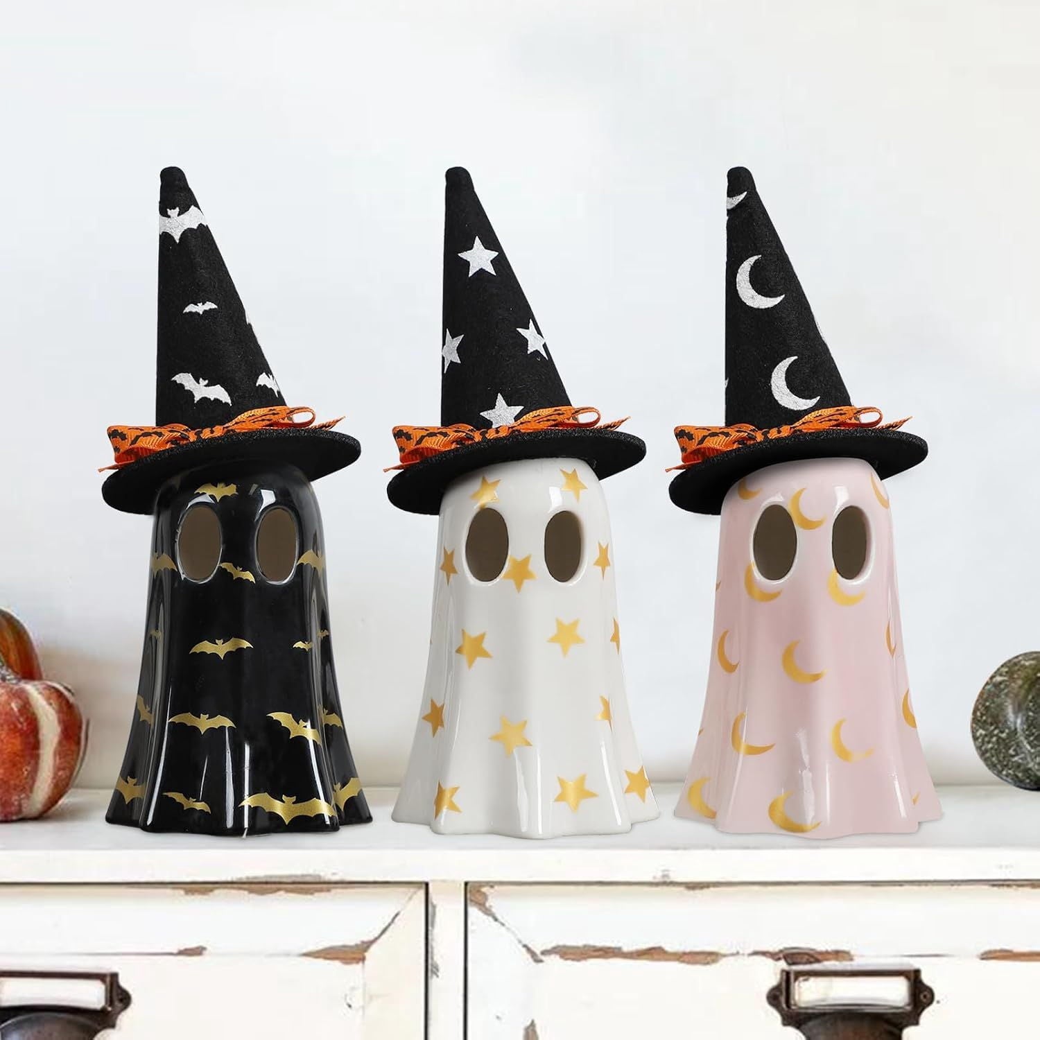 3Pcs Ceramic Ghost Figurines with Witch Hats Halloween Table Decor Set for Mantel Shelf Centerpiece Gift