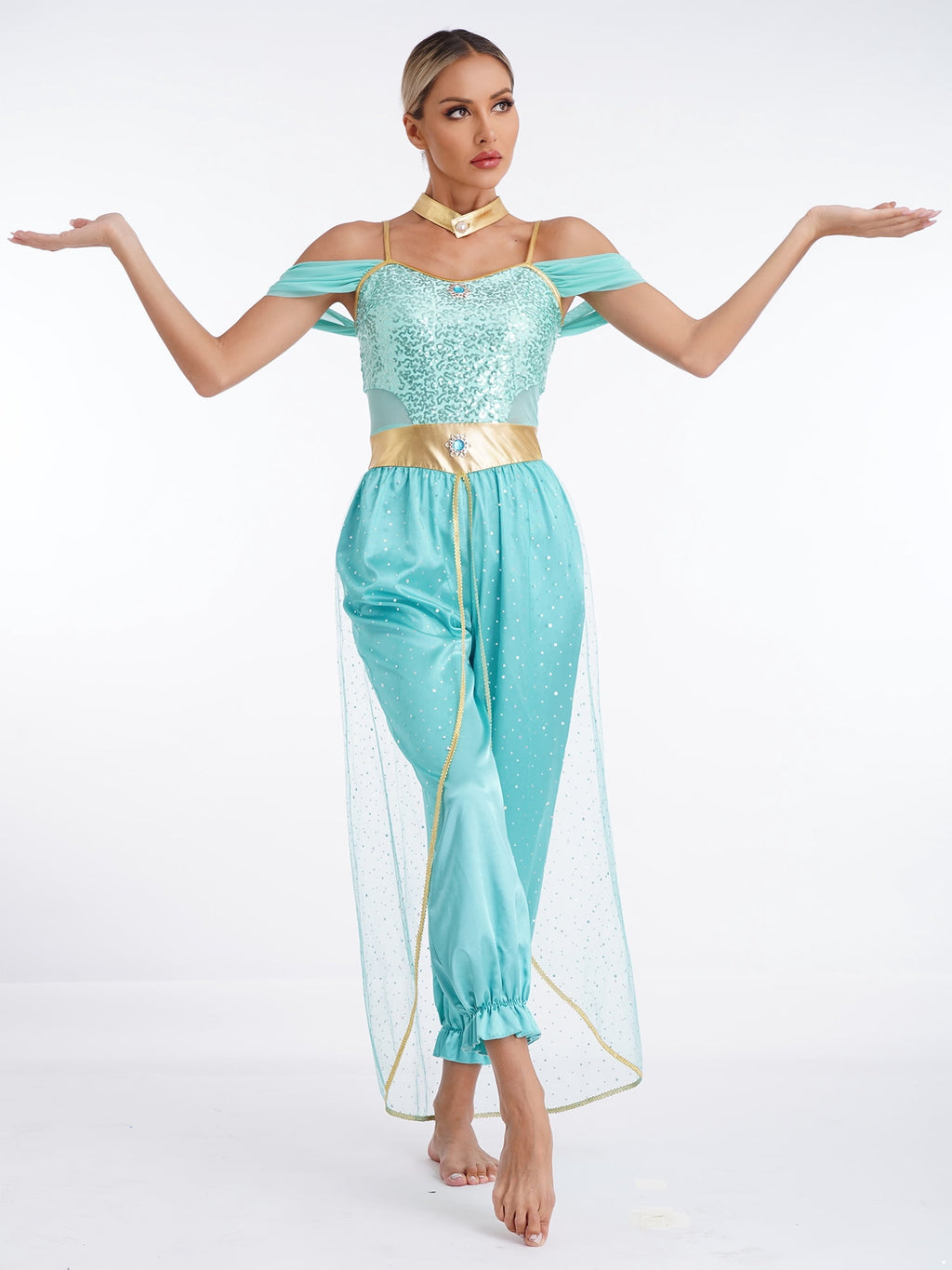 YiZYiF Women's Arabian Princess Dance Costume Halloween Party Fancy Dress Shiny Belly Dance Jumpsuit Turquoise B M