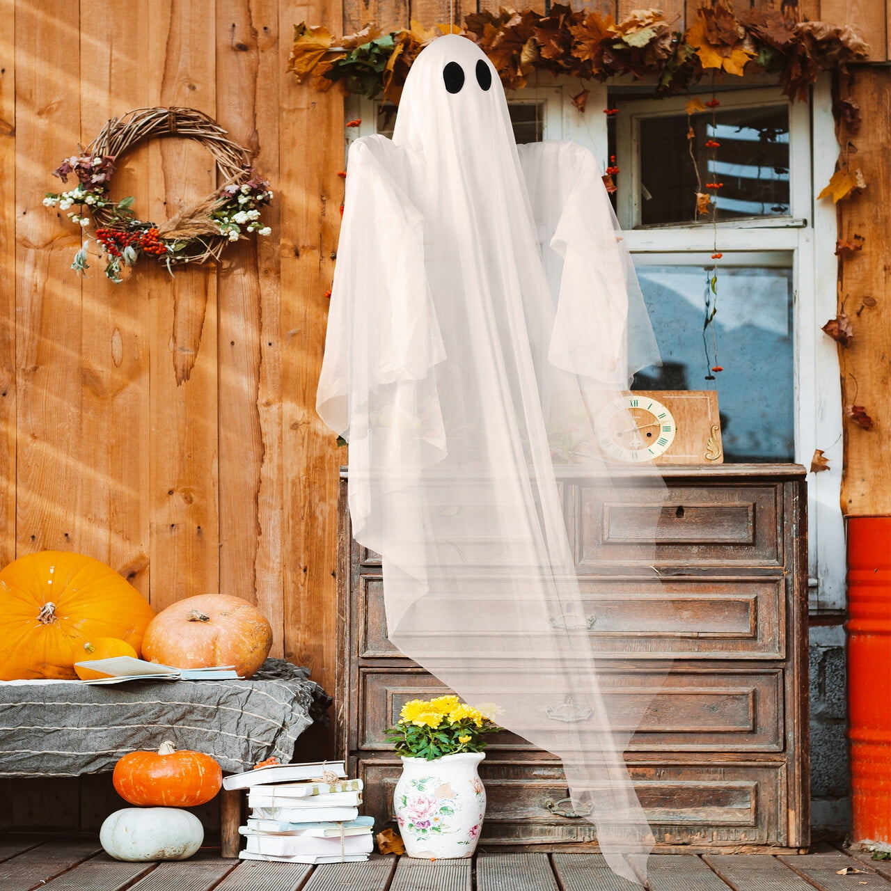 Joyfy 47" Halloween Hanging Light up Ghost Decorations Outdoor,White Ghosts with Blue LED Light and Timer Halloween Hanging Decoration Waterproof for Front Yard Patio Lawn