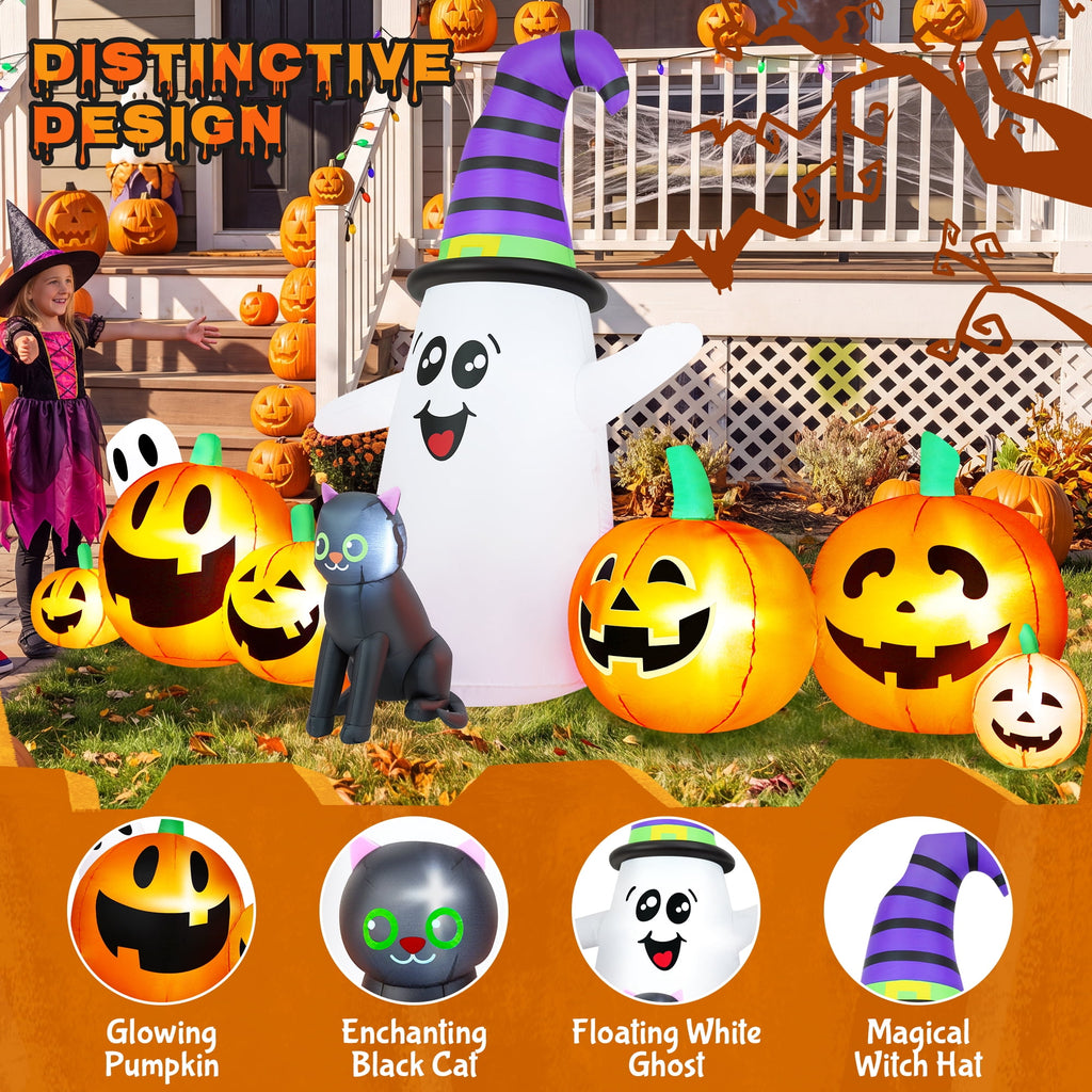 Yexmas 8 FT Long Halloween Inflatable Ghost with Witch Hat, 6 Pumpkins Halloween Blow Ups with Black Cat for Halloween Party Outdoor Yard Garden Lawn Decor