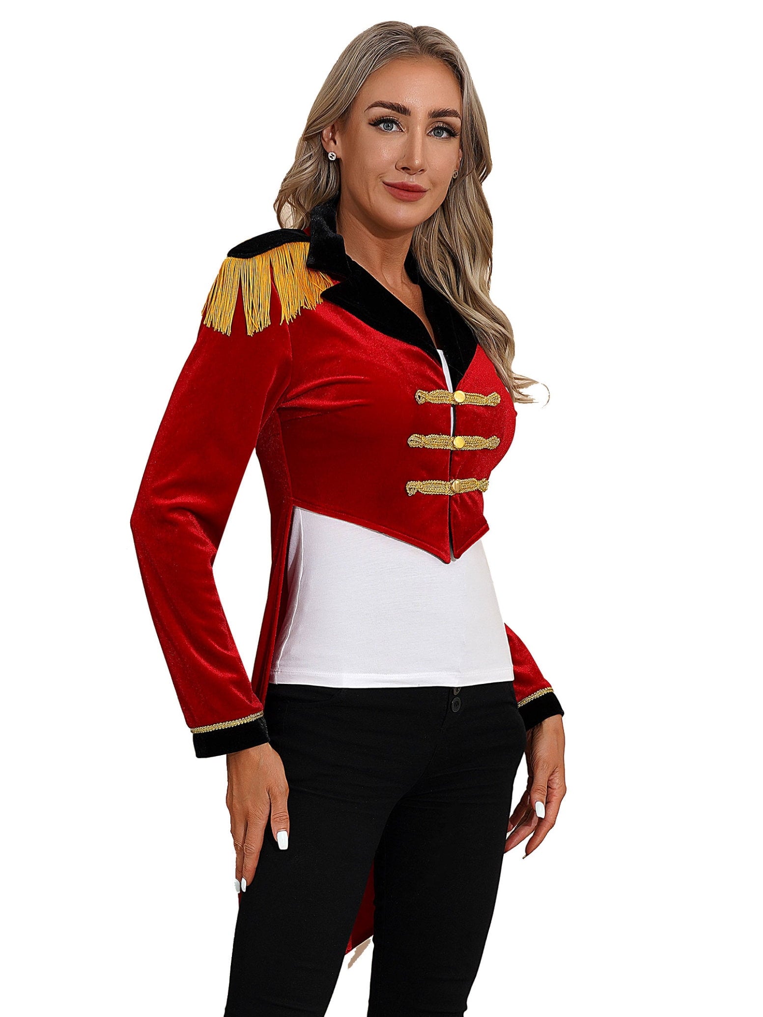 Haitryli Women's Circus Ringmaster Costume Tailcoat Jacket Lapel Velvet Collar Vintage Long Sleeve Navy Blue S