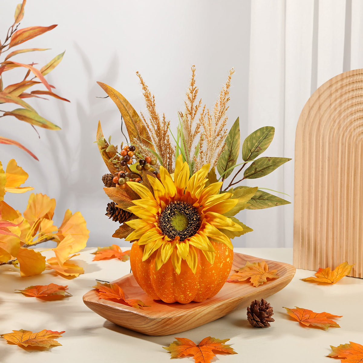 Briful 12.9"Artificial Pumpkin Floral Arrangement with Orange Sunflowers Leaves Fall Table Centerpiece for Harvest Autumn Décor