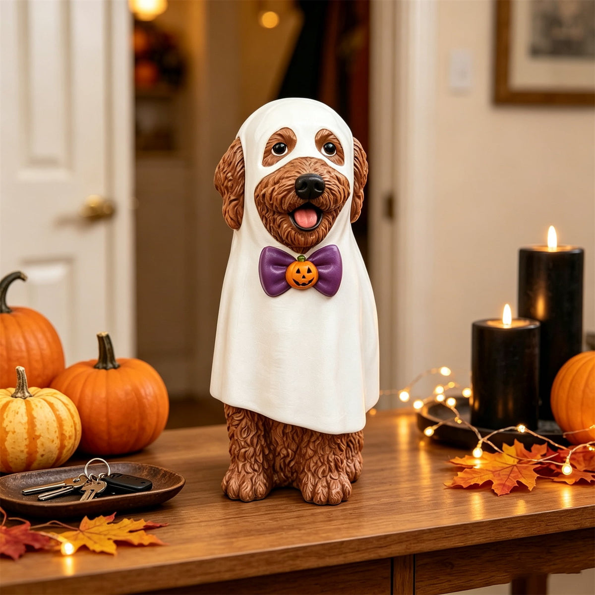 Lighted Scarecrow Bull Terrier Halloween Blow Mold, Cute Puppy Pumpkin Hat Halloween Decor, Resin Ornament for Patio Yard Tabletop Home Decoration, 8"