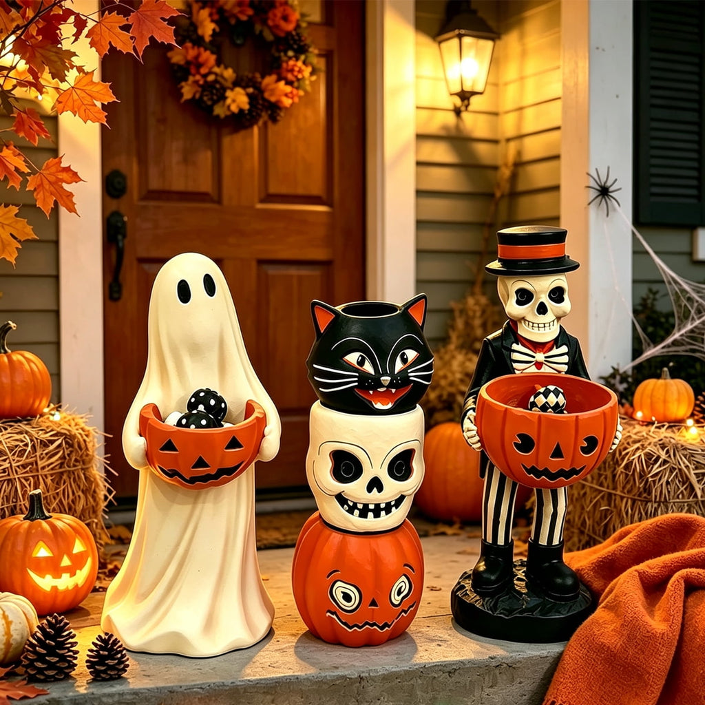 Clearance Halloween Ghost Resin Figurine with Black Cat & Pumpkin Candy Bowl 10“- Cute Spooky Tabletop Decor for Home Mantel, Shelf, and Indoor Fall Display