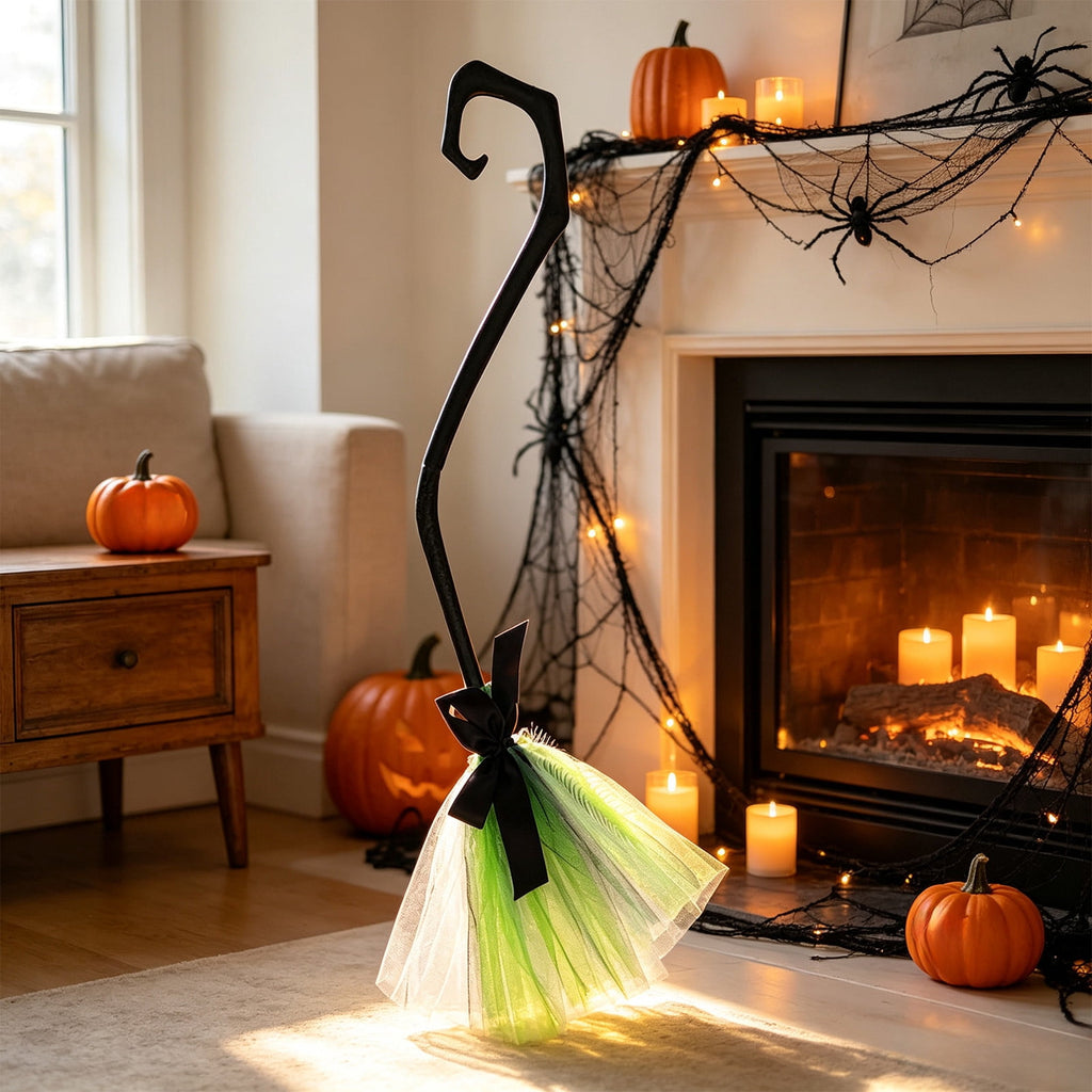 Halloween Witch Broom Cane with Ribbons, 38.2" Witches Broomstick for Wizard Costume Party, Photo Booth Accessory Stage Prop, Halloween Decoration, D