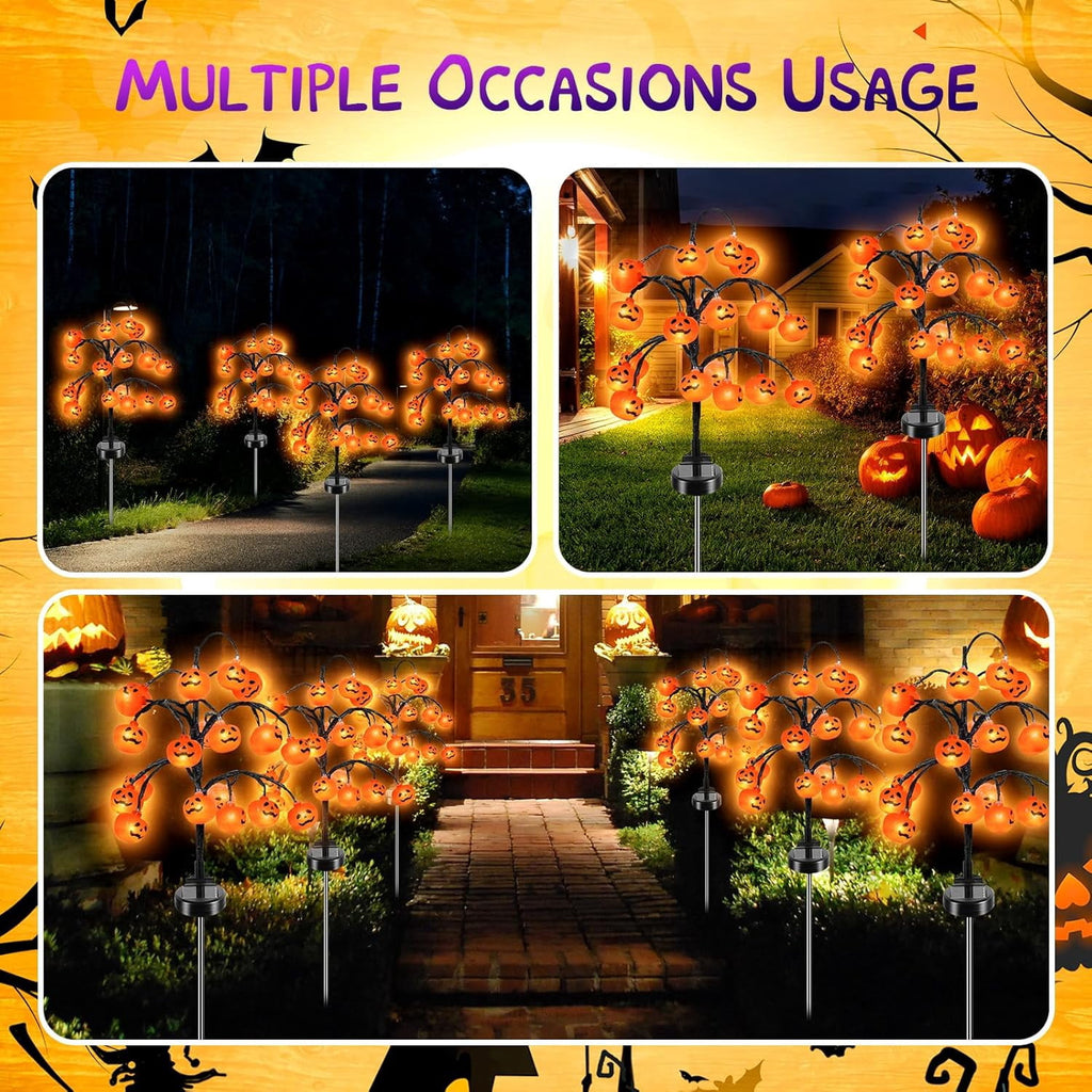 Qoosea 2 packs 40 LEDs Solar Halloween Pumpkin Stake Lights, 2 Modes Outdoor Waterproof Halloween Decorations, Solar Halloween Lights Stakes for Garden Yard Pathway