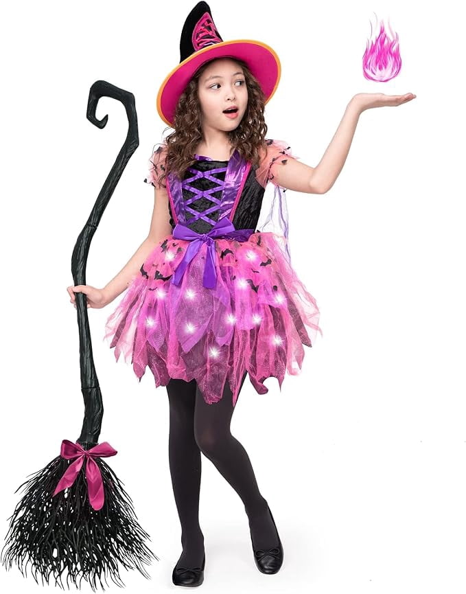 Joyfy Kids Witch Costume, Girls Light Up Witch Costume with Hat and Broom Outfits Set for Toddler Halloween Dress up Cosplay